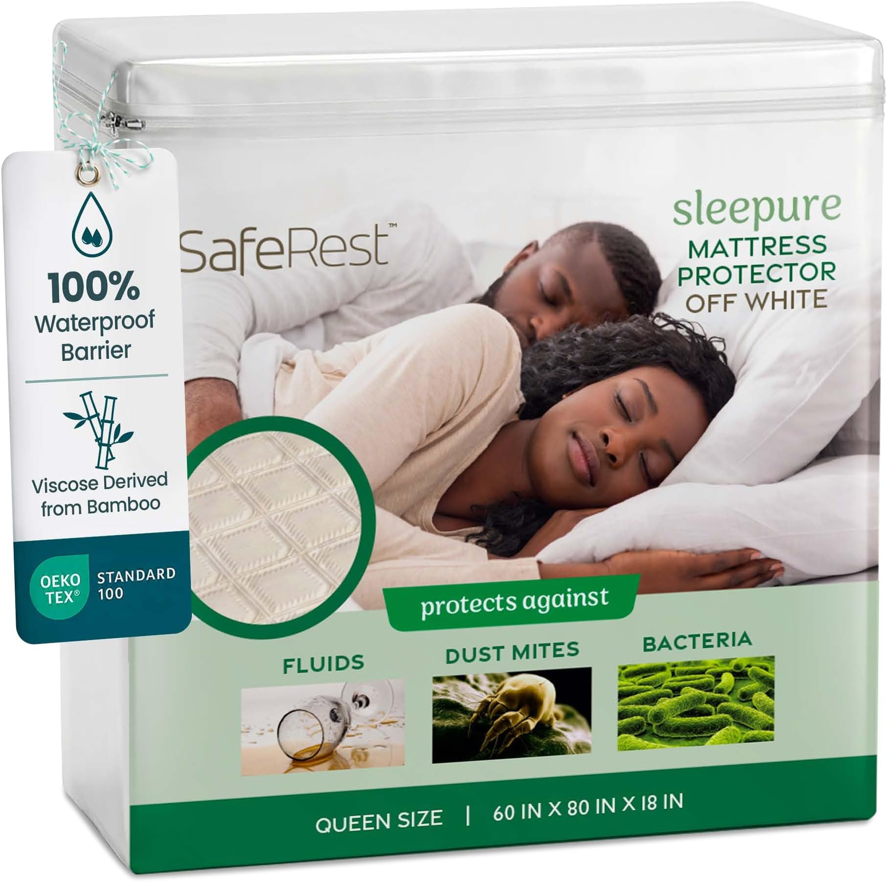 Waterproof Queen Size Mattress Protector - Viscose Derived from Bamboo - Fitted with Stretchable Pockets - Machine Washable Viscose Blend Mattress Cover for Bed
