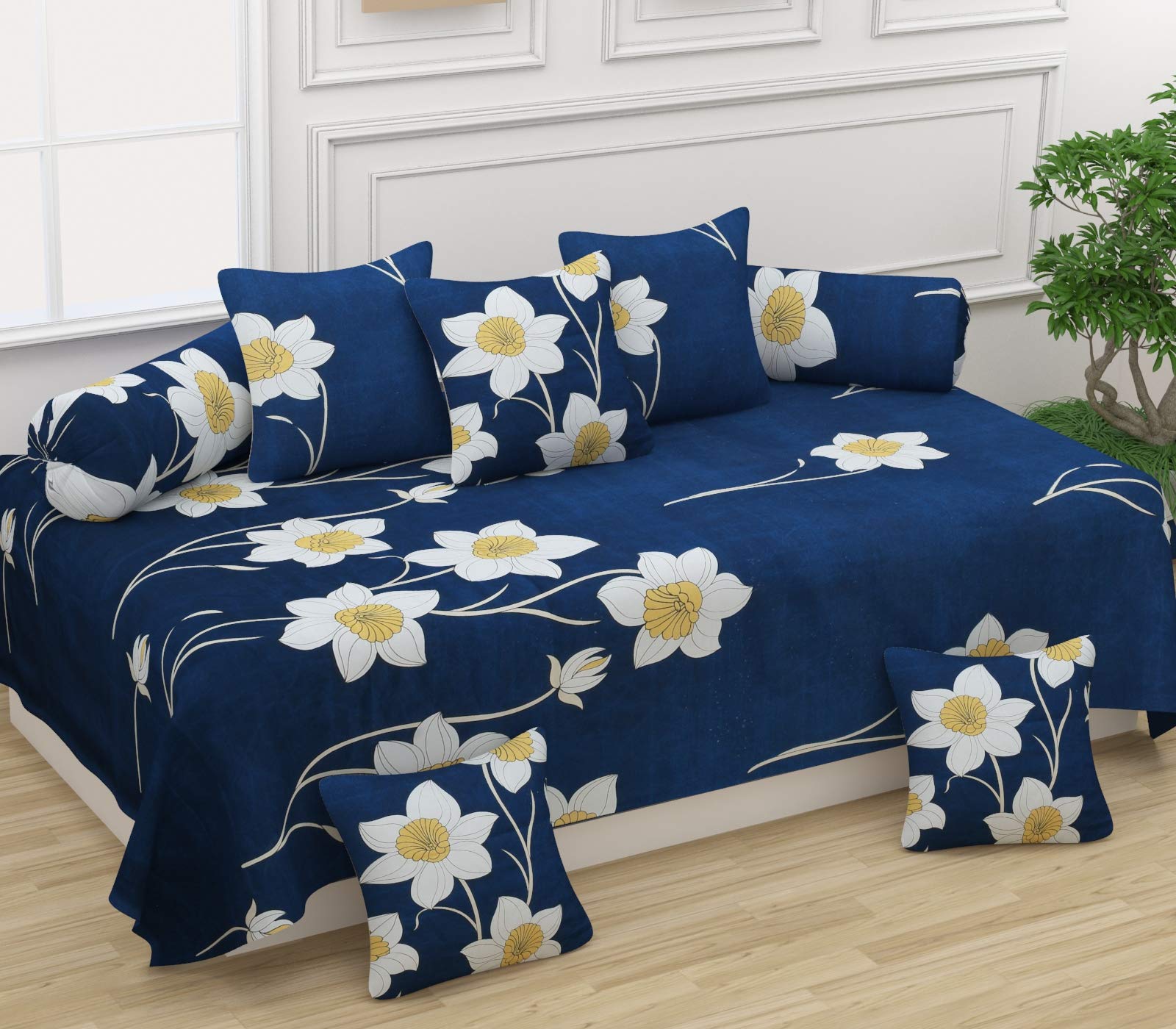 Fibre Touch Makes This Supersoft Gold diwan Set which Contains 1 Single bedsheet, 2 Bolster Covers and 5 Cushion Covers-image-3