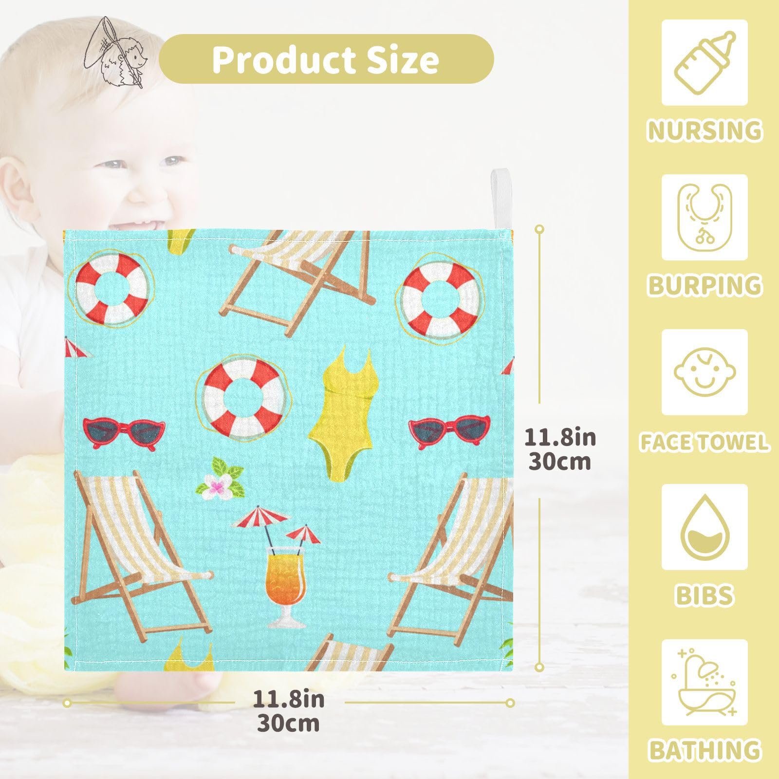Nander 5Pack Baby Muslin Washcloths,Beach Features Soft Face Cloths for Newborn, Absorbent Bath Wash Cloths, Wipes, Burp Rag,Toddlers Essentials Stuff, Baby Registry as Shower