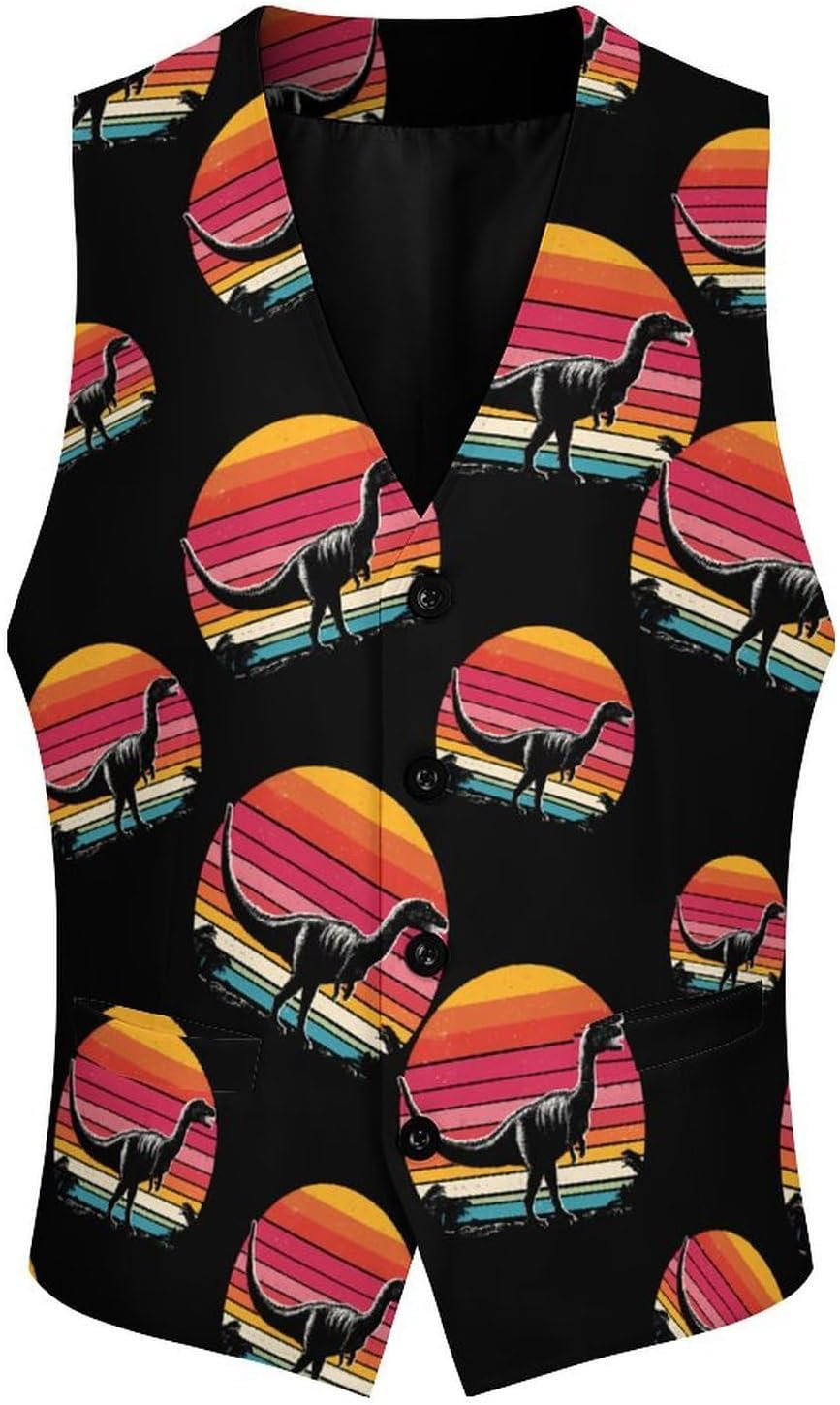 Vintage Dinosaur Sunset Mens Vest Formal Waistcoat Tuxedo with Pocket Suit Vests for Wedding Party