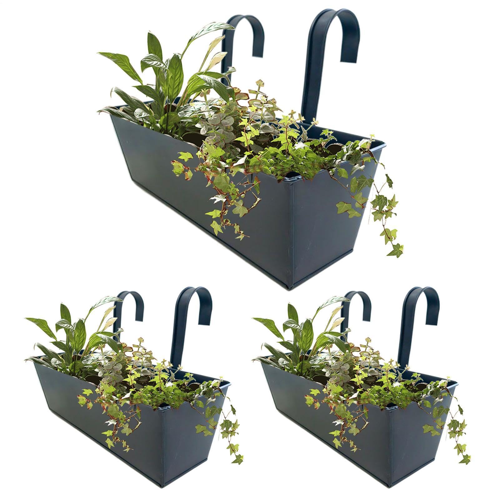 Generico Lot de 3 pots de fleurs rectangulaires suspendus en métal avec crochet amovible pour clôture d'intimité et balcon - Seaux de jardin pour intérieur et extérieur