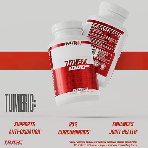 Miniatura 4 de Huge Supplements Cúrcuma, 1000 mg de extracto puro de raíz de cúrcuma por porción, 95% curcuminoides, suplemento antioxidante, sin OMG, sin gluten,