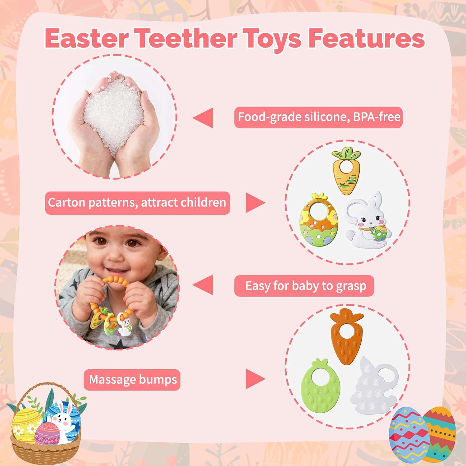 Easter Baby Teething Ring Toys for Baby, Silicone Teether with Textured Carrot, Bunny and Egg, BPA-Free, Safe and Soft for Chewing, Teething Toys for Easter Basket Stuffers&Easter Gifts, 0-12 Month