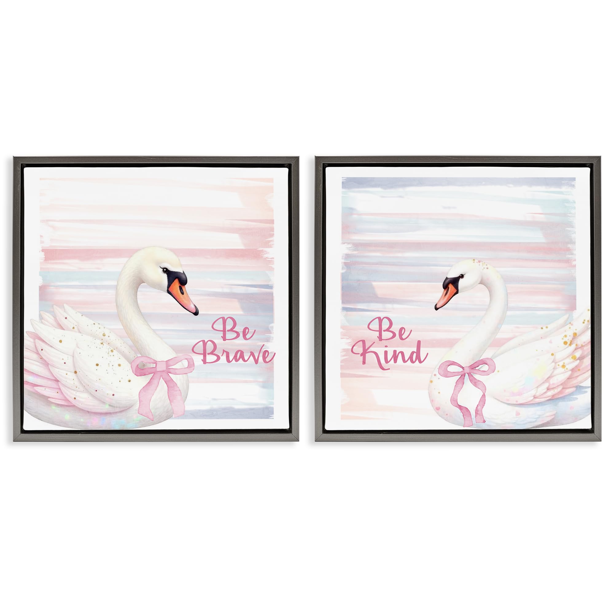Stupell Industries Be Brave & Kind Pastel Swan 2 Piece Gray Framed Floater Canvas Set, design by Kim Allen, 18 x 18