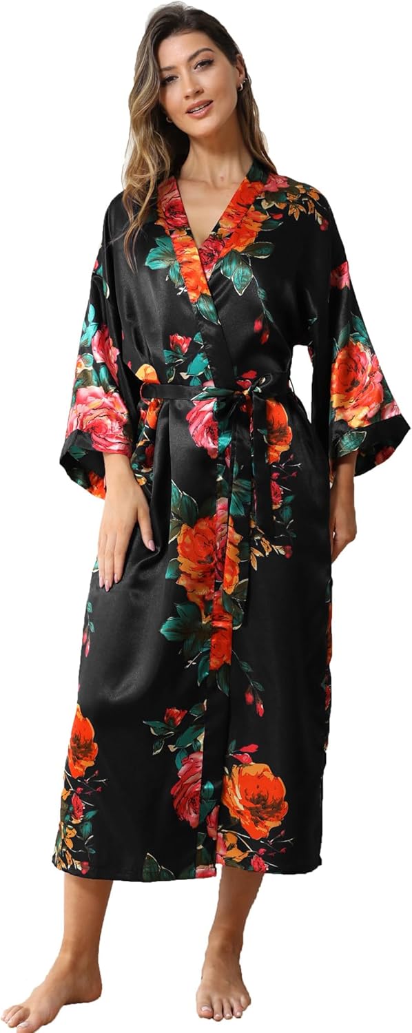 Women's Satin Kimono Robe Floral Long Silky Robes Bridal Kimonos Bridesmaid Party Dressing Gown