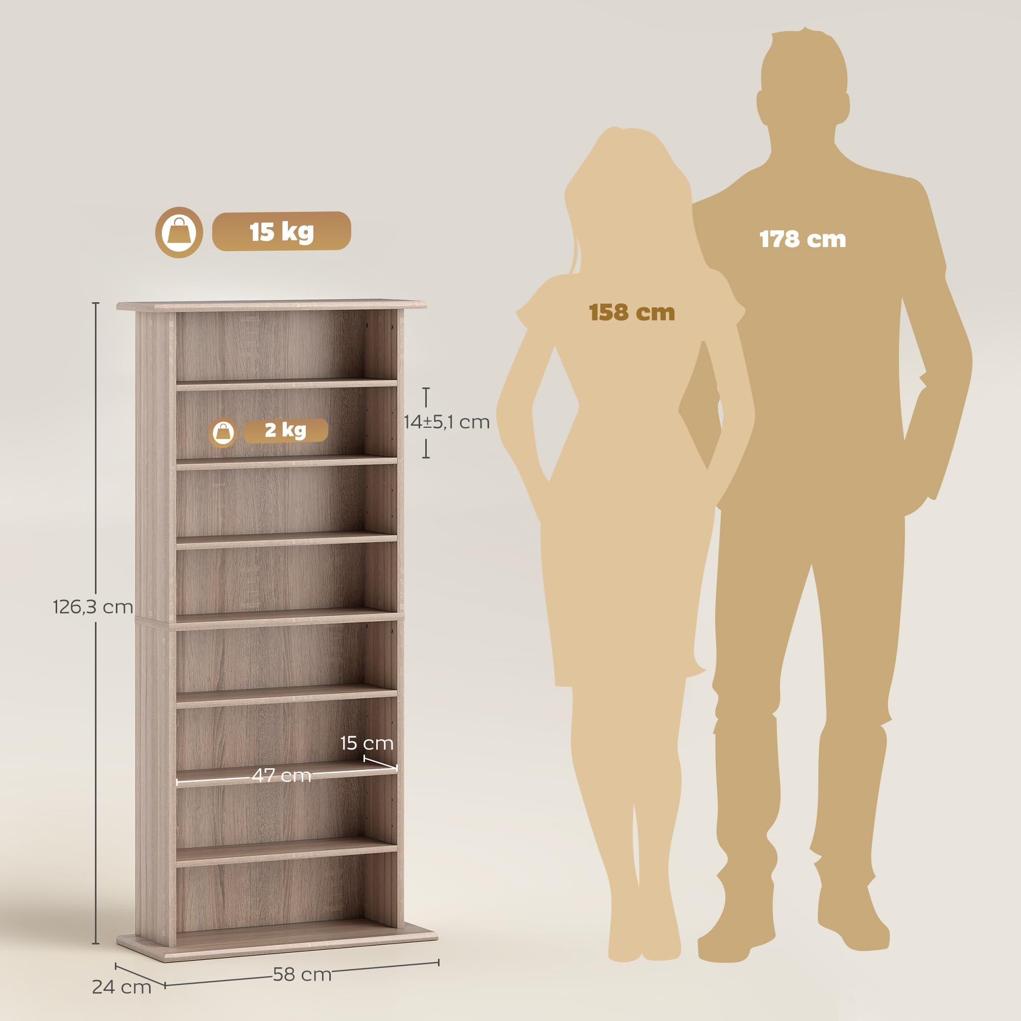 HOMCOM Scaffale per CD e DVD Scaffale stretto per CD con 8 scomparti regolabili per il soggiorno e l'ufficio 58x24x126,3 cm Legno naturale