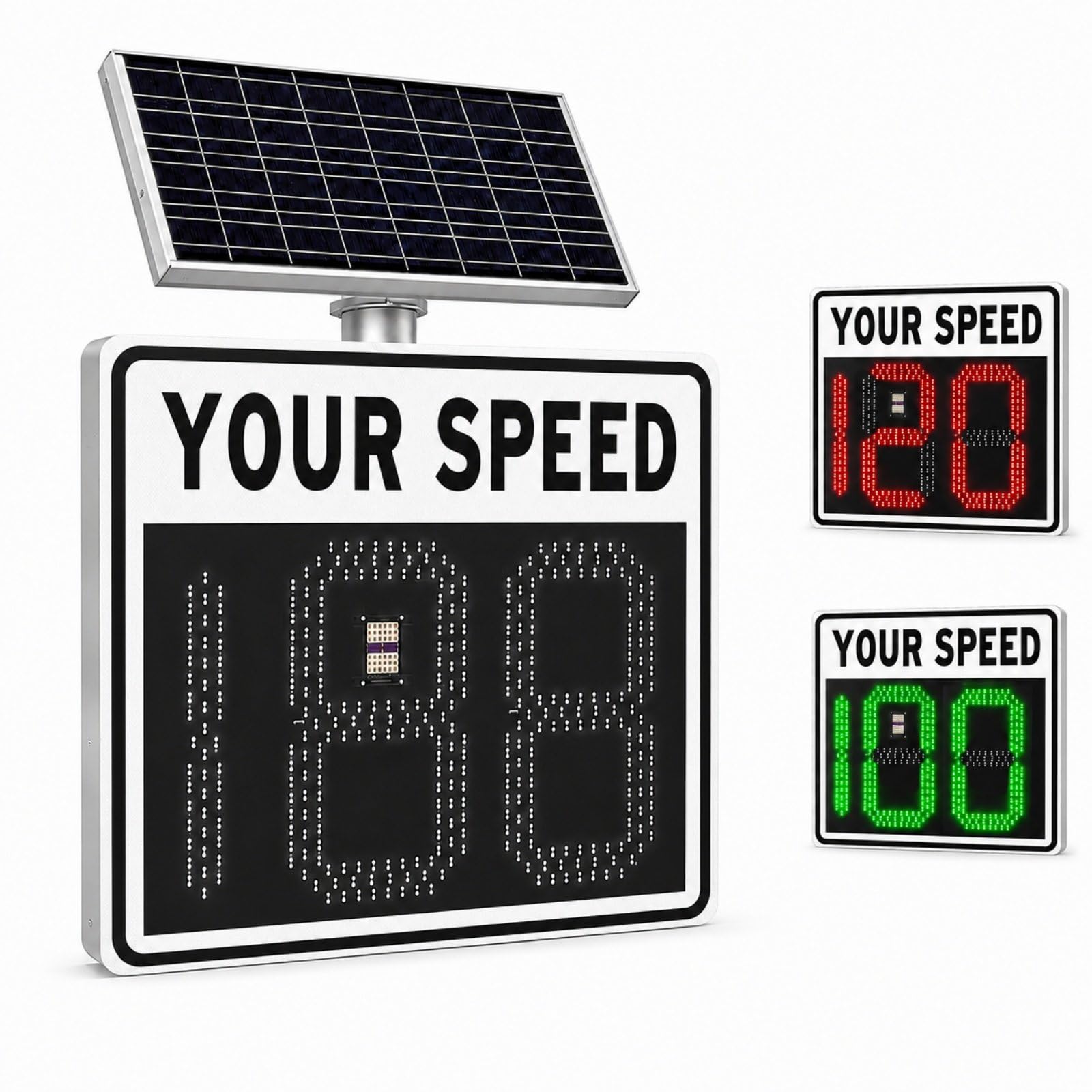 HCAUYNN 24"x24"(24"x27") Solar Radar Speed Sign, LED Roadside Speed Display with 2(3) Digit Speed Display, Weatherproof Aluminum Alloy for Highways & Village Roads white-3Digit