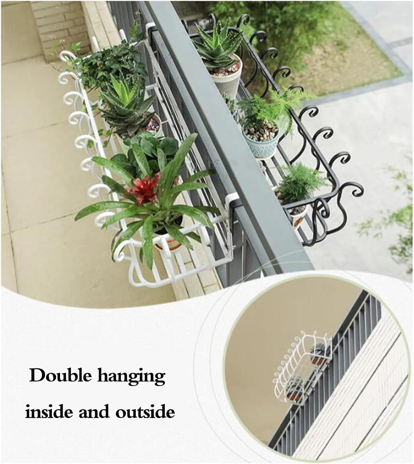 Railing Planter Box - Versatile Fence Planters & Hanging Plant Stand for Window Sills and Guardrails | Round/Square with Hooks, Potted Storage Rack (White, 100x28x22cm)