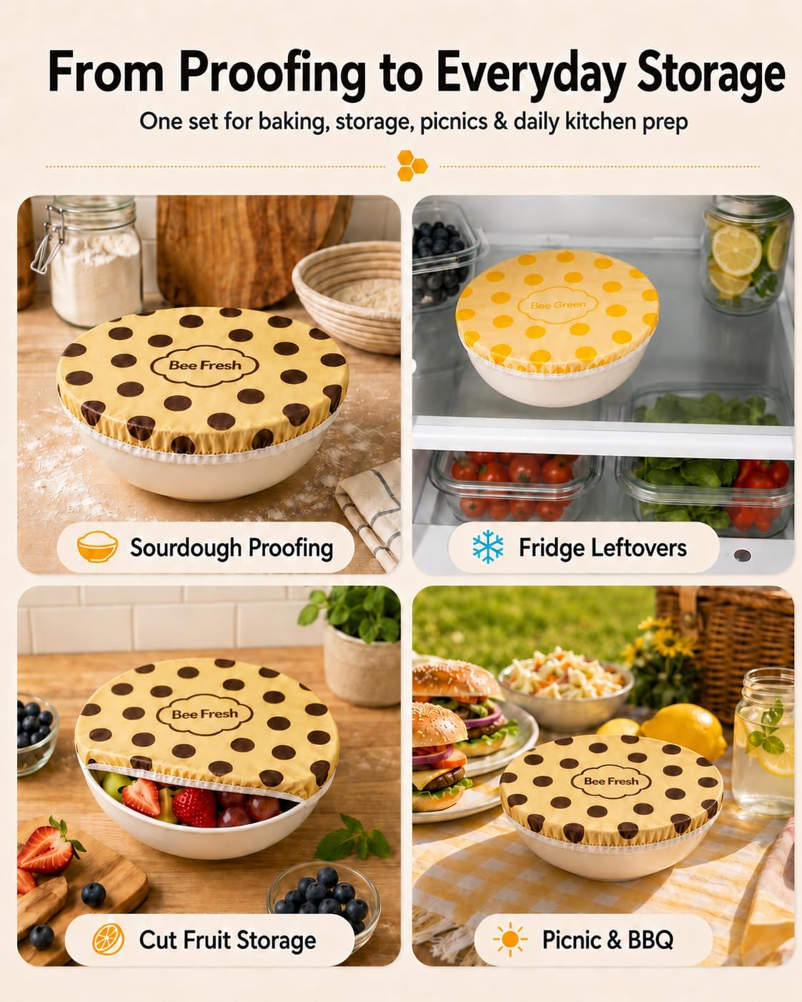 Beeswax Bowl Covers for Sourdough Proofing, 3 Pack Reusable Bread Proofing Covers, 8/10/12 inch Elastic Beeswax Food Covers, Bread Making Essentials & Baking Supplies