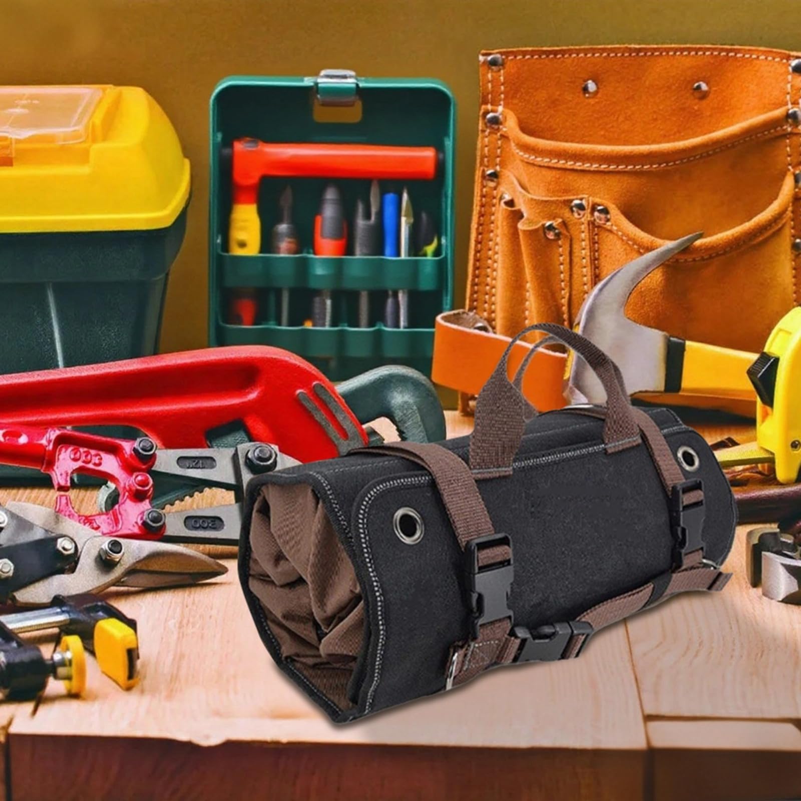 Werkzeug Rolltasche Organizer, aufrollbare Werkzeugtasche mit 5 Fächern, doppelte Tragegriffe und Metallringe, wasserfest, 12 Zoll, robuste Rolltasche für Werkzeuge, für Werkstatt und unterwegs