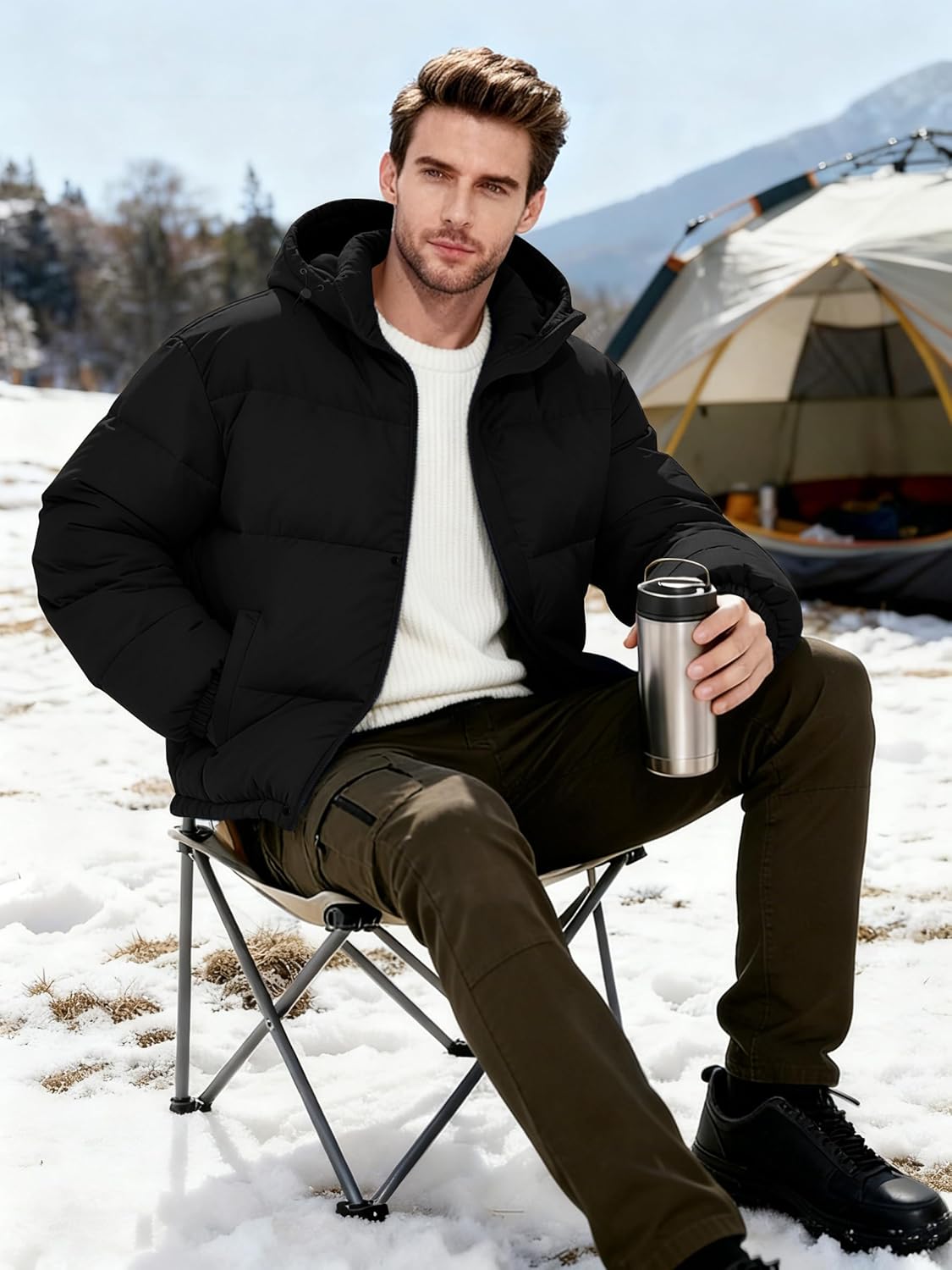 Men's Hooded Puffer Jacket Winter Quilted Coat with Full Zip Wind-Resistant and Water-Resistant - Image 3