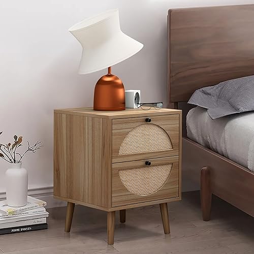 Miniatura 7 de MIYZEAL Mesita de noche de ratán, mesa auxiliar de granja con 2 cajones de almacenamiento, mesita de noche de madera con acento de mediados de siglo