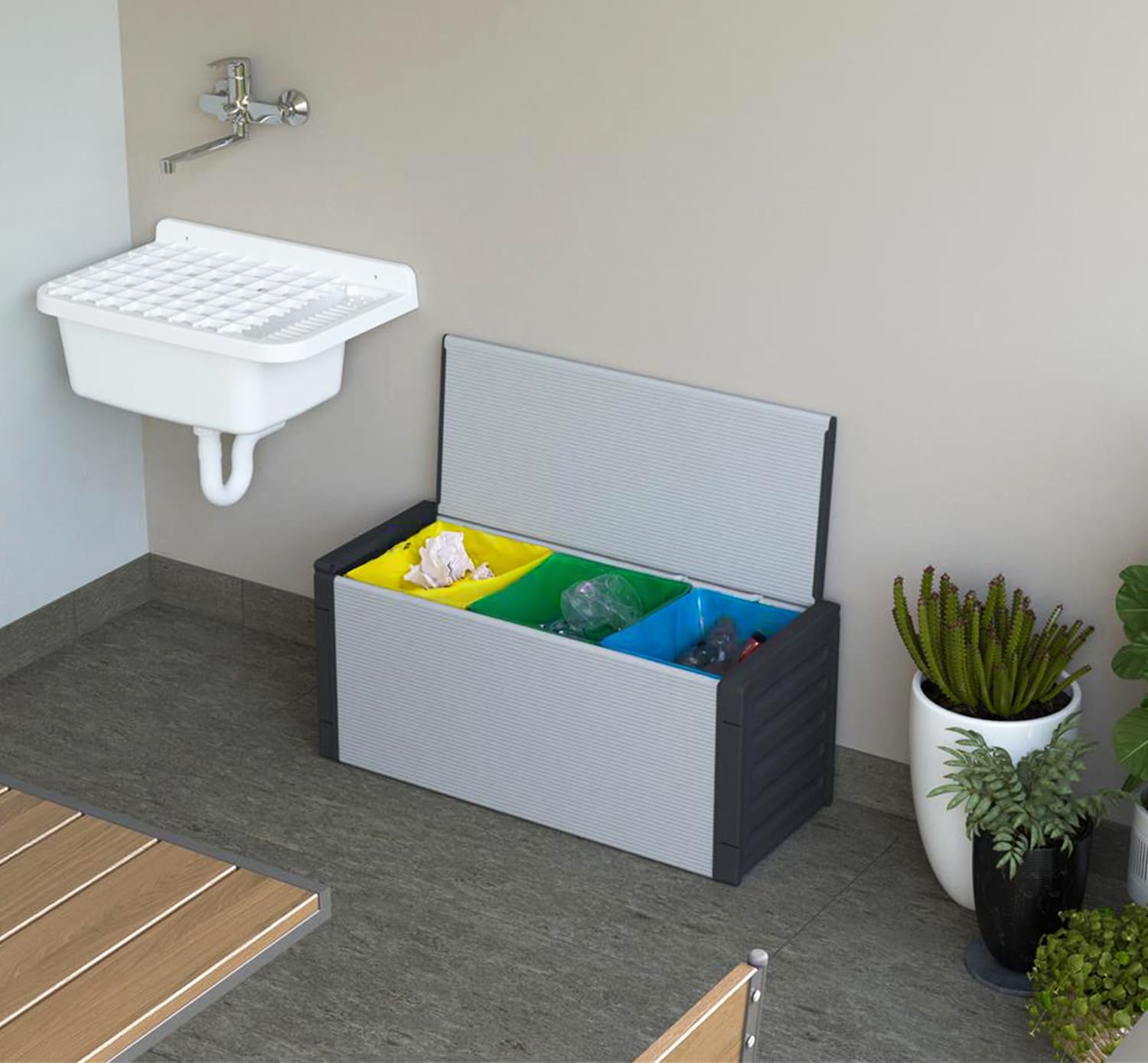 BuyStar Baule Cassapanca 87 Lt per Raccolta Differenziata 85x34x38 cm + 3 Borse per Riciclaggio - da Esterno, Anti Odore, in Resina, Terrazzo, Giardino, Organizzazione, Stoccaggio - Made in Italy