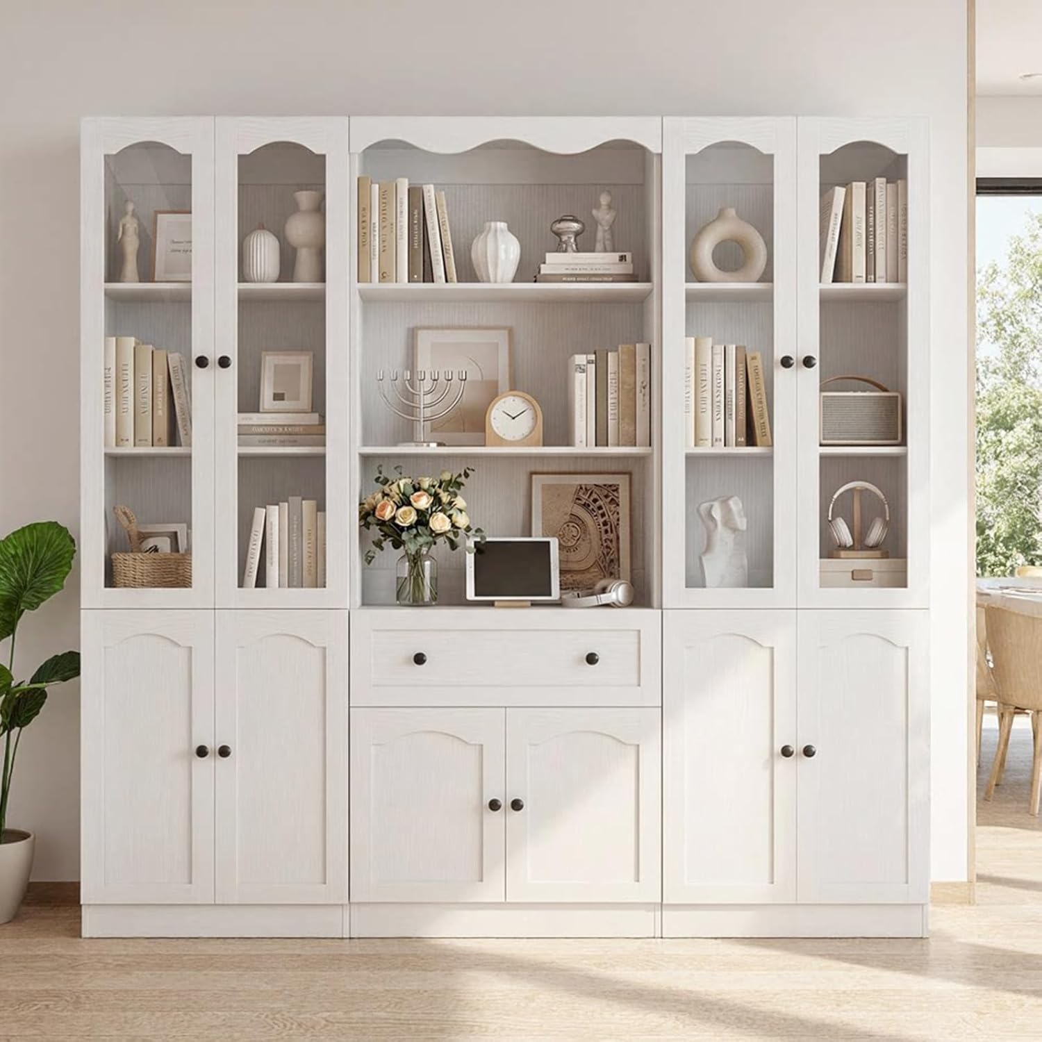 Cyclysio 80" Tall Bookcase with Drawers, Bookshelves and Bookcases Set of 3, White Bookshelf with Doors and Arched Glass, Baseboard Notch Display Cabinet for Living, Kitchen, Office