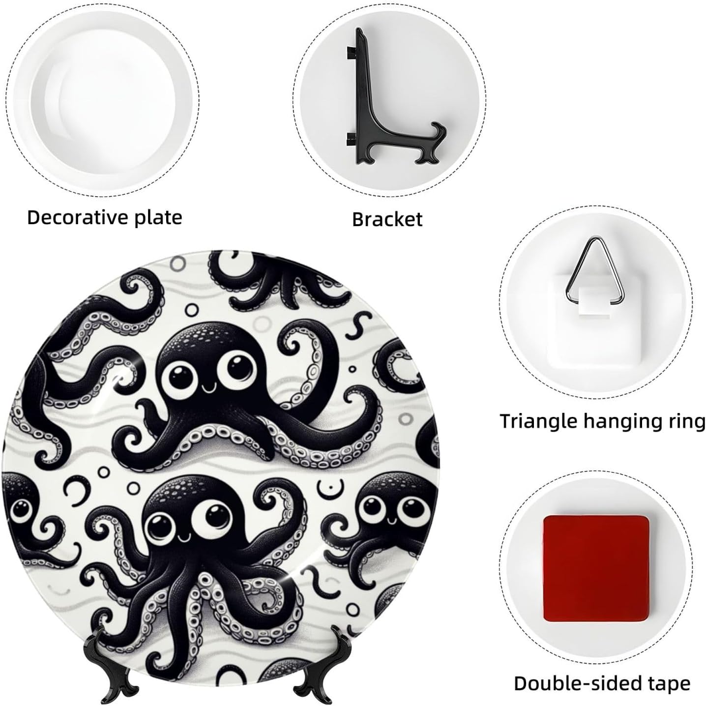 Cute-Black-Cartoon-Inkfish 10 Inch Decorative Plate With Stand, Elegant Display Wall Plate For Home Decor