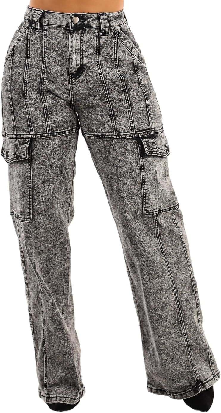 Moda Xpress Womens Juniors High Waisted Stretchy Straight Wide Leg Cargo Jeans for Women