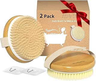 Metene 2 Pack Bamboo Dry Body Brushes, Shower Brush Wet and Dry Brushing, Dry Brush for Cellulite and Lymphatic, Body Scrubber with Soft and Stiff Bristles, Suitable for All Kinds of Skin