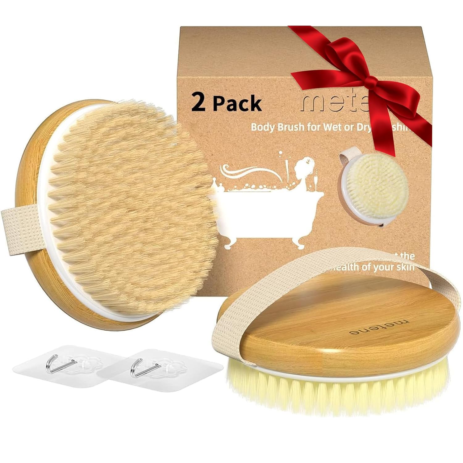 Metene 2-Pack Bamboo Dry Body Brushes - Soft & Stiff Bristles for Cellulite, Lymphatic Drainage, Exfoliation - Wet/Dry Use
