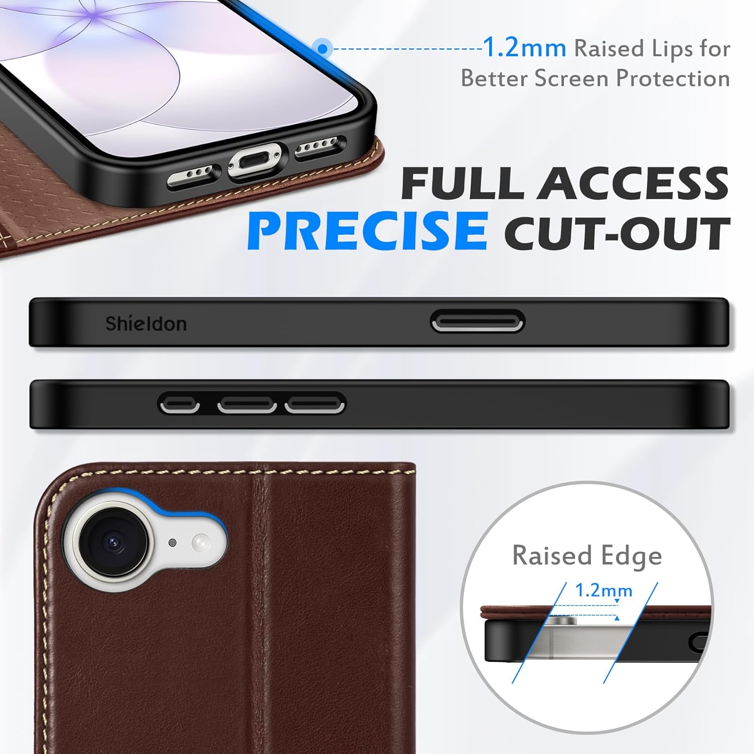 SHIELDON Case for iPhone 17e/16e 6.1", Genuine Leather Wallet Flip Magnetic Closure Cover RFID Blocking Credit Card Holder Kickstand TPU Shockproof Case Compatible with iPhone 16e 5G - Retro Coffee