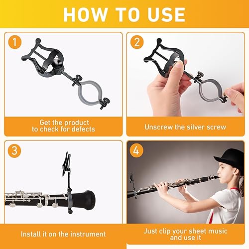 Miniatura 4 de Lira de clarinete, paquete de 2 soportes de lira negra para banda de marcha, clip de partituras de oboe de clarinete de 6.02 pulgadas y carpeta
