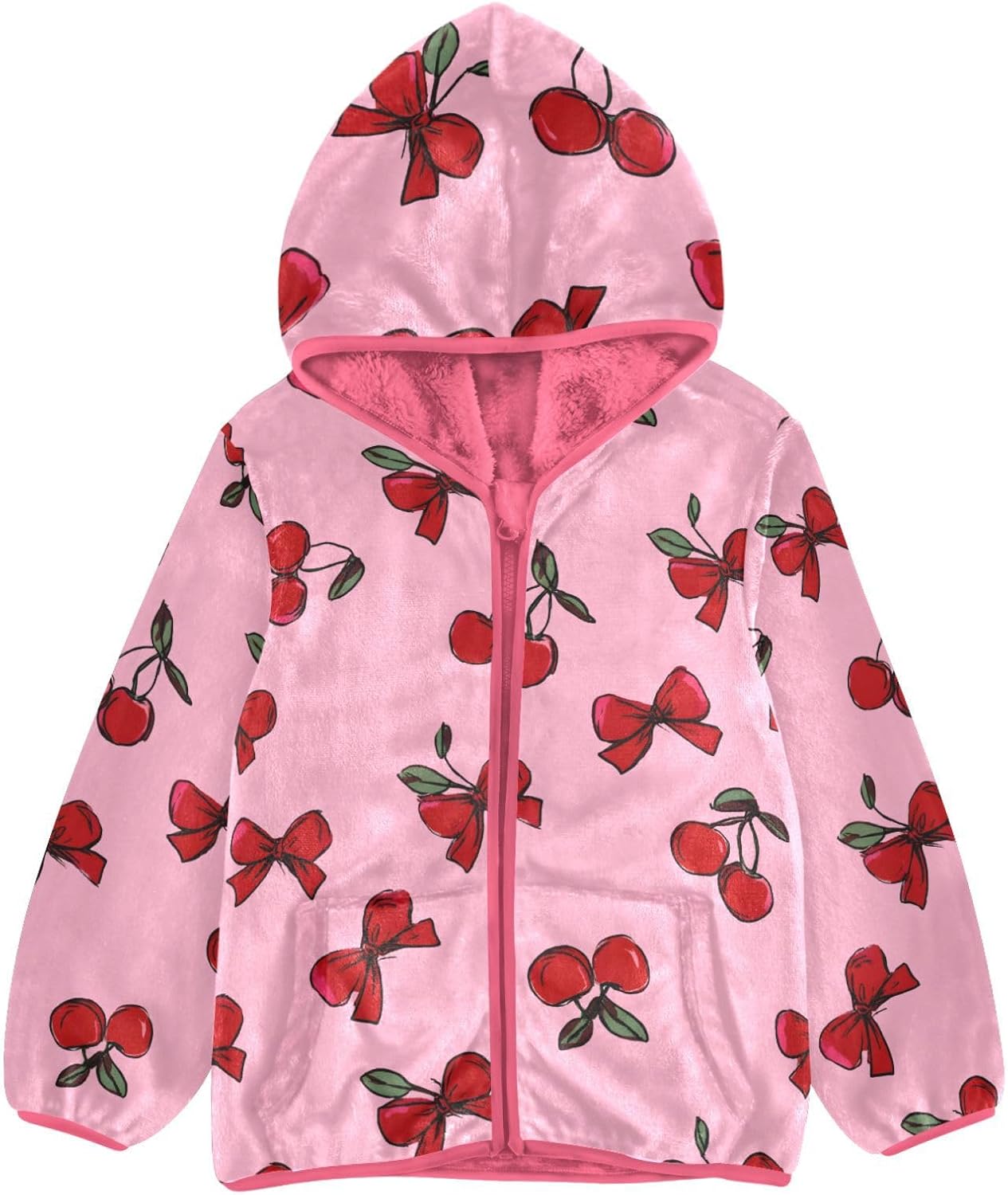 Girls Hoodie Outfit Red Bow Cherry Pattern Zipper Sweatshirt Coat Fleece Jacket for Kids 3-10T