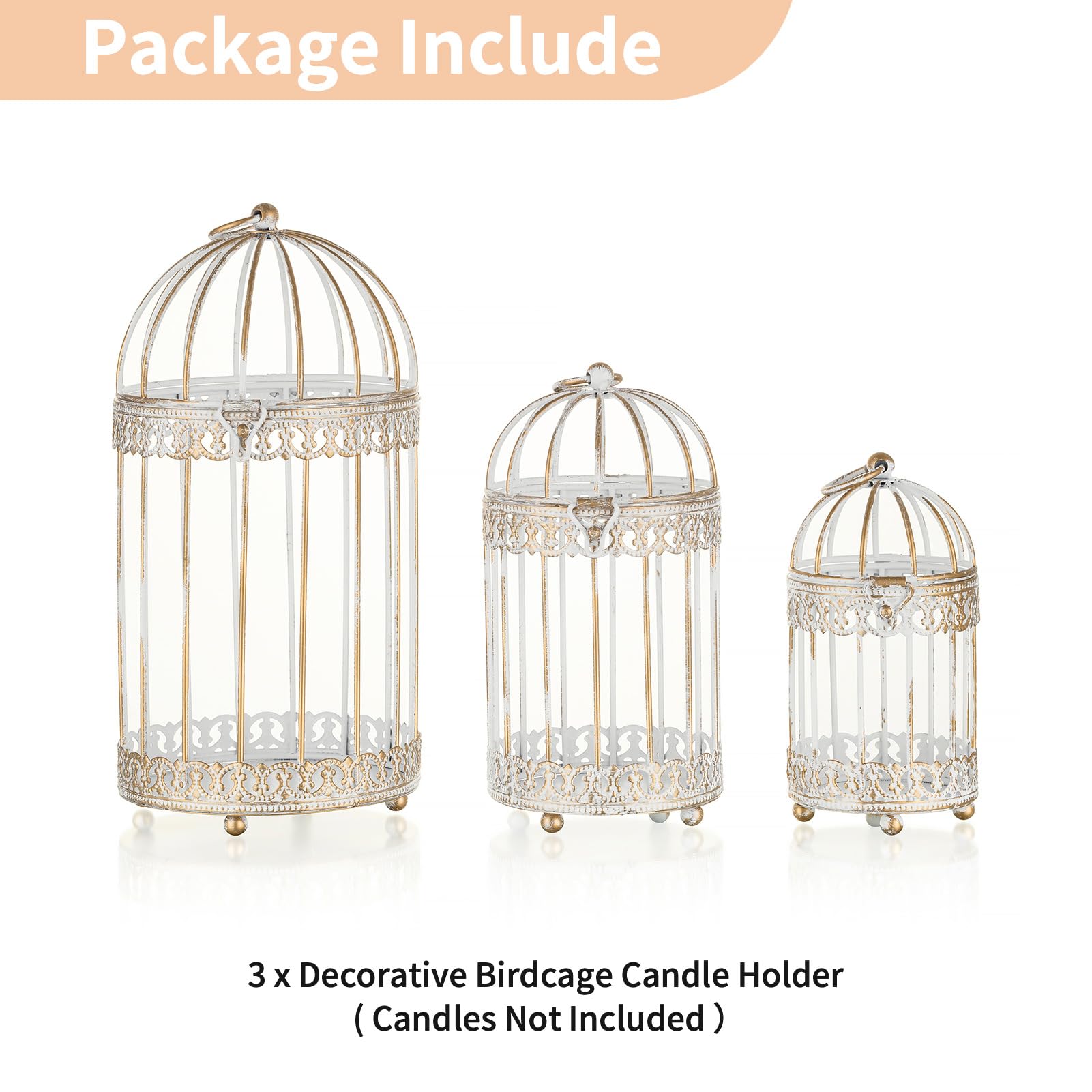 NUPTIO Cages À Oiseaux pour Bougies Piliers Blanc: 3 Lot de Lanterne de Mariage Petite Cage À Oiseaux en Métal pour Décoration Table Lors La Fête de Mariage
