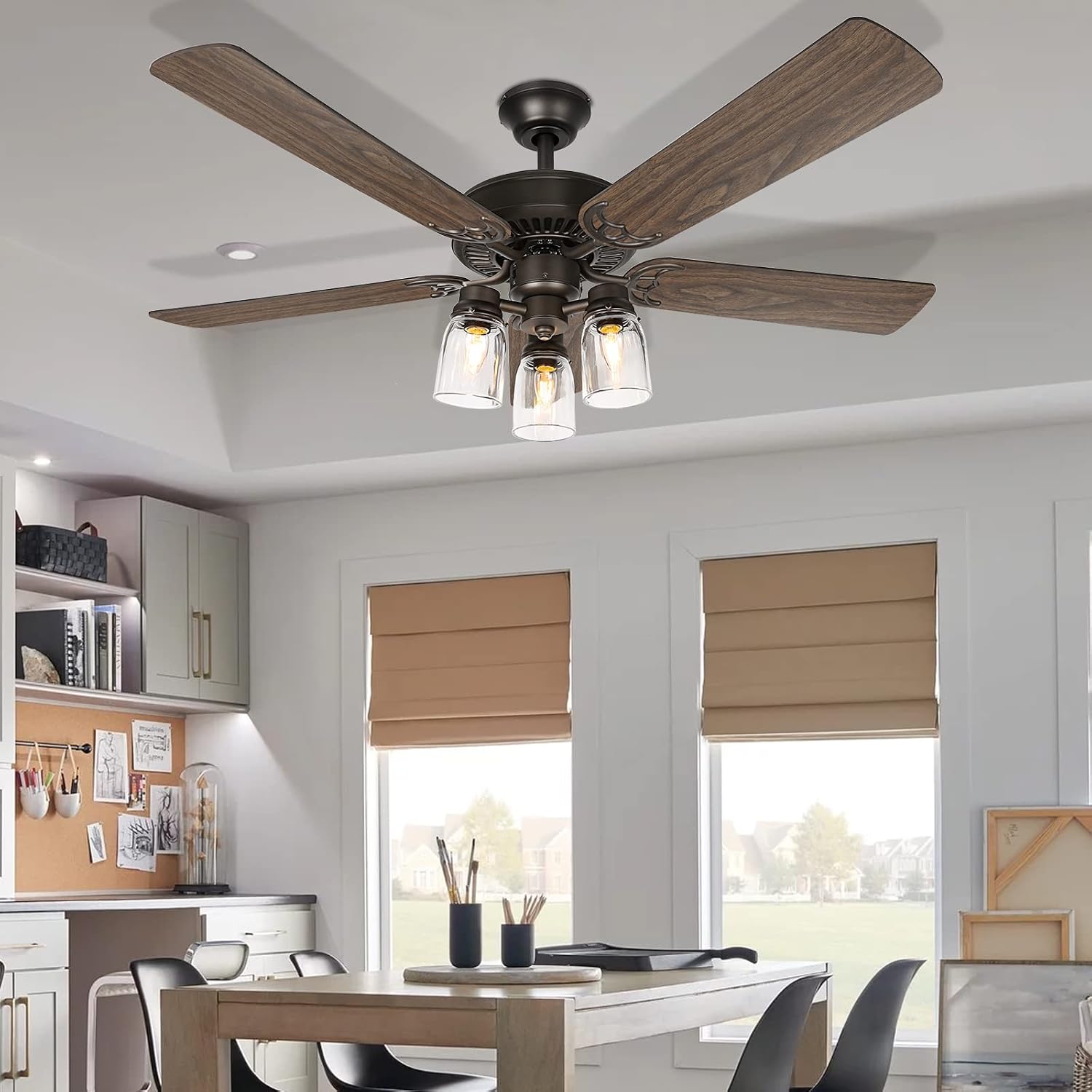 hykolity 52 Inch Indoor Oiled Bronze Ceiling Fan with Remote Control, Industrial Ceiling Fan with Lighting, Reversible Motor and Blades, ETL Listed for Living Room, Bedroom, Basement, Kitchen