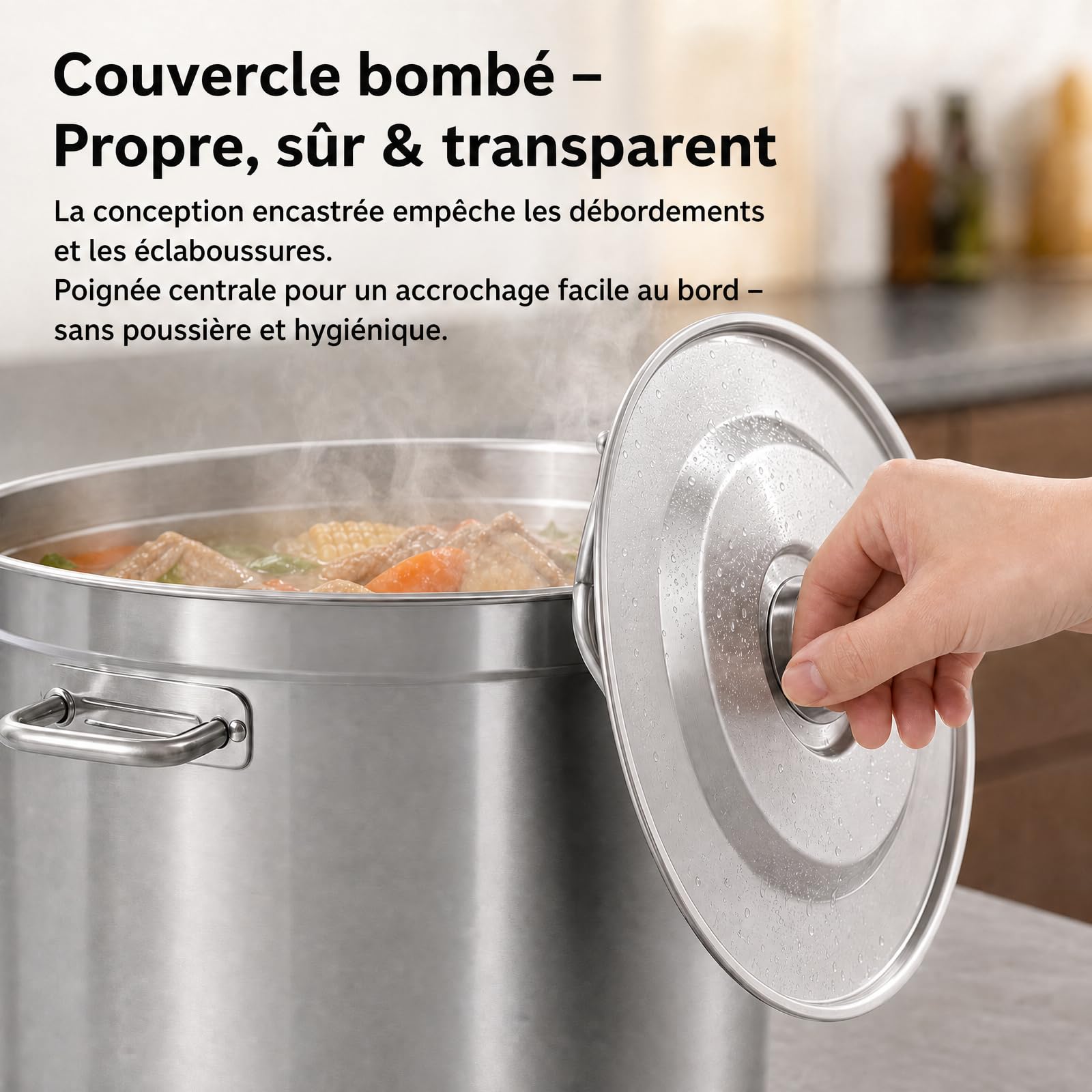 Grande casserole en acier inoxydable 98 L, avec poignées et couvercle d'évier, diamètre 51,5 cm, hauteur 50 cm, pour tous les types de cuisines et grandes cuisines