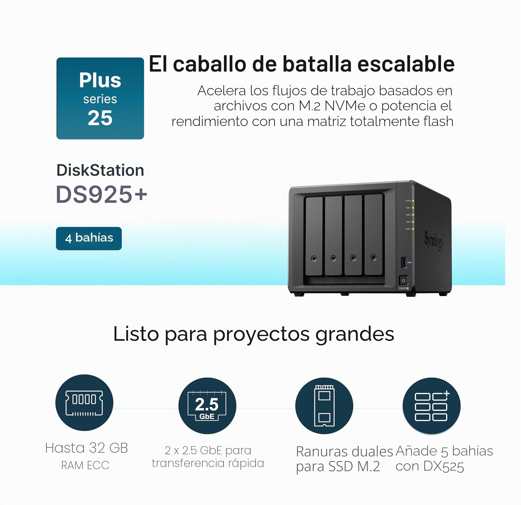 SYNOLOGY DS925+ NAS de 4 bahías con Capacidad Extensible (sin Disco)