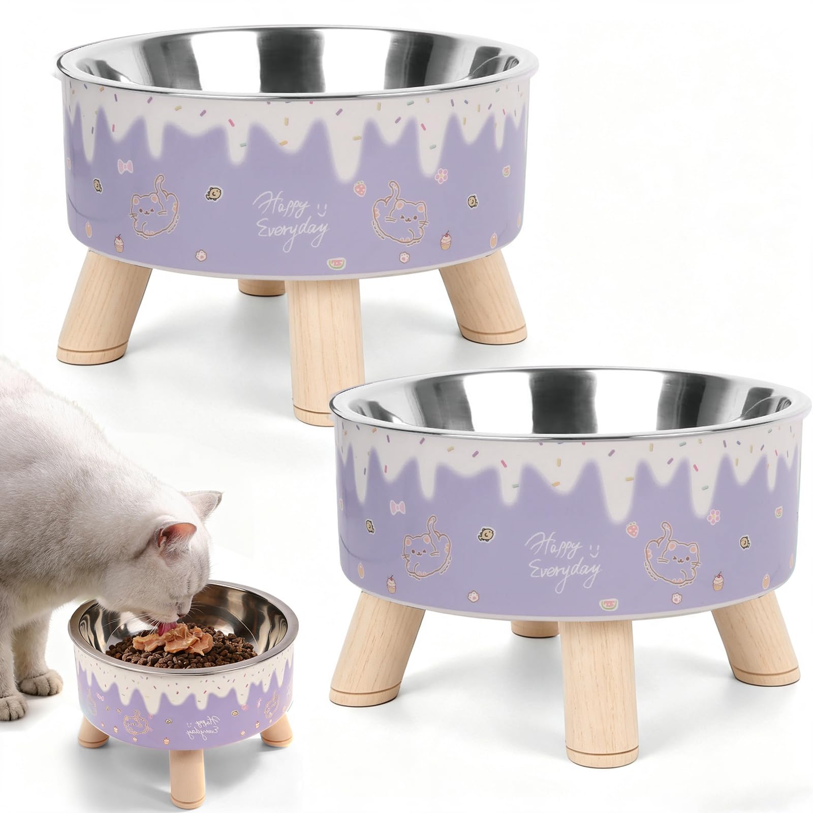 Guittly 2 Pack Raised Stainless Steel Cat Bowls, Elevated Cat Feeding Bowl with Non-slip Stand, Cute Food Water Bowls for Cats Kittens Pet Supplies Accessories (G)