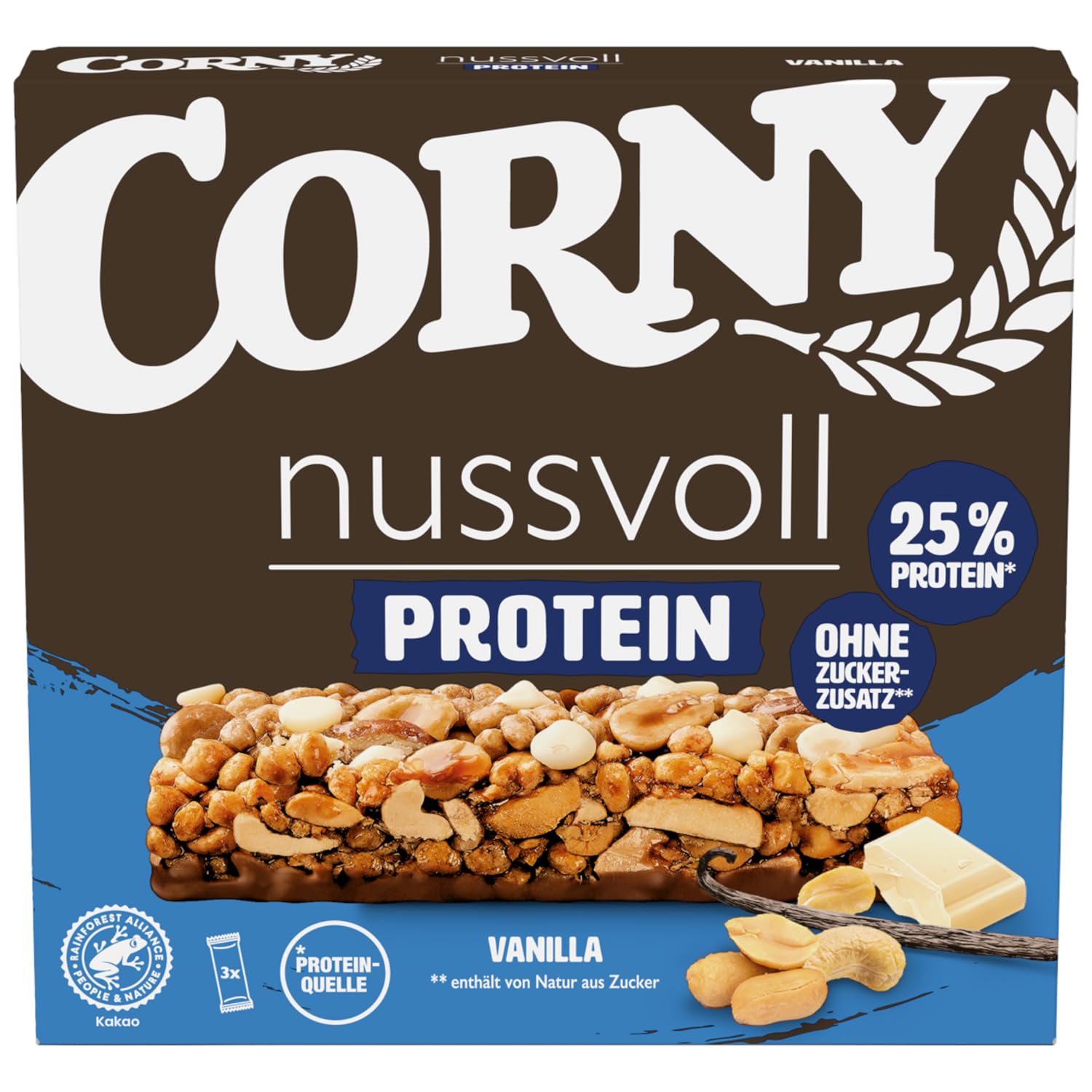 Corny Nussvoll Protein Vanilla | Nussriegel & Proteinriegel ohne Zuckerzusatz | Mit 36% Nüssen & 25% Eiweiß | 3 x 35 g