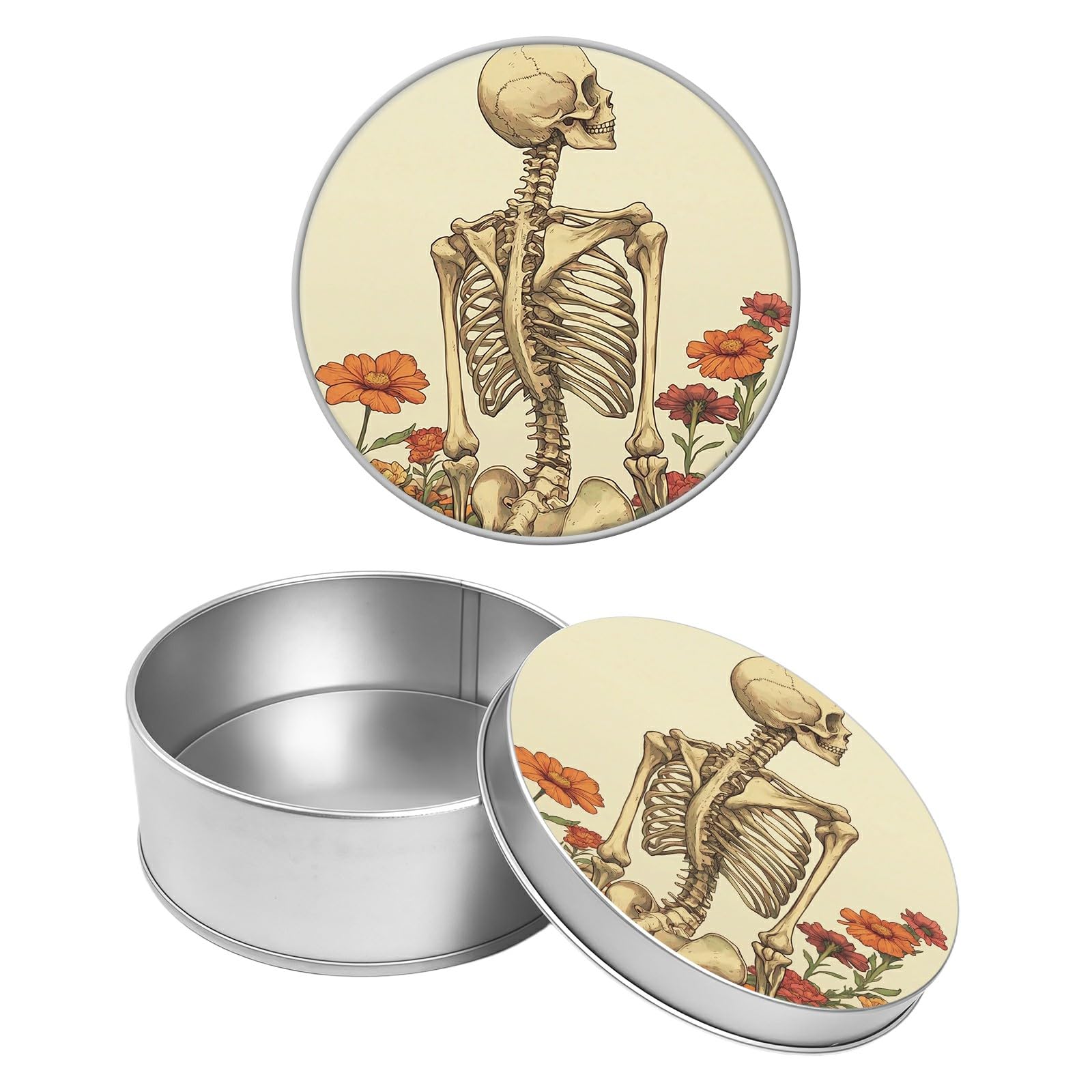 Round Metal Tin Container with Removable Lid, Skull Peony Durable Metal Storage Box for Crafts Snacks Candies Office Supplies Small Items 3.54 x 1.38 inch– Single Pack