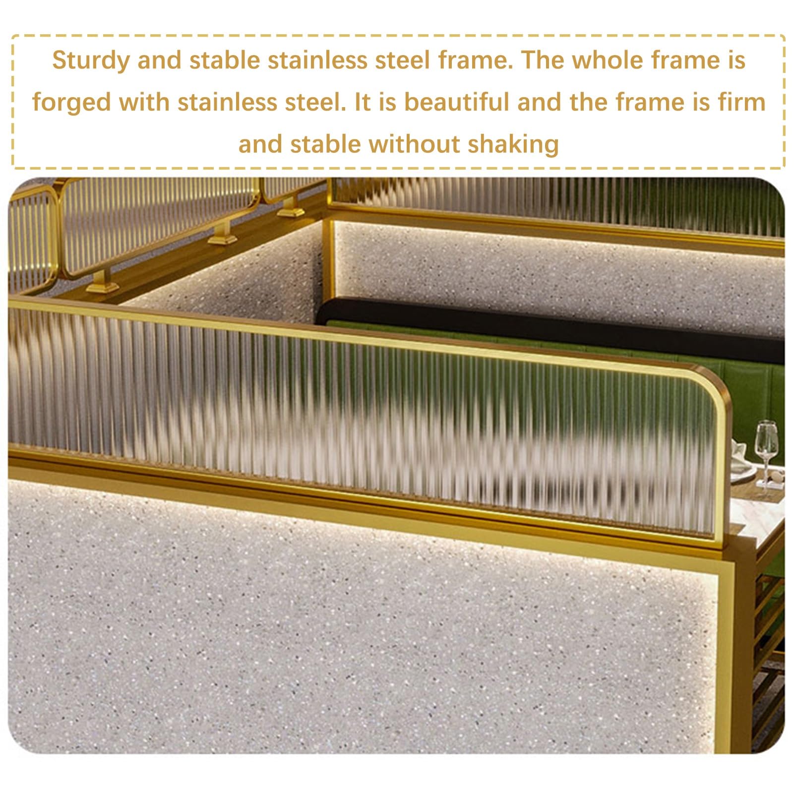 Mamparas divisorias Bajas de Acero Inoxidable con Cristal Rayado (Dorado, 25 x 140 cm). Paneles semiprivacidad restaurantes, Bares, hoteles y oficinas.