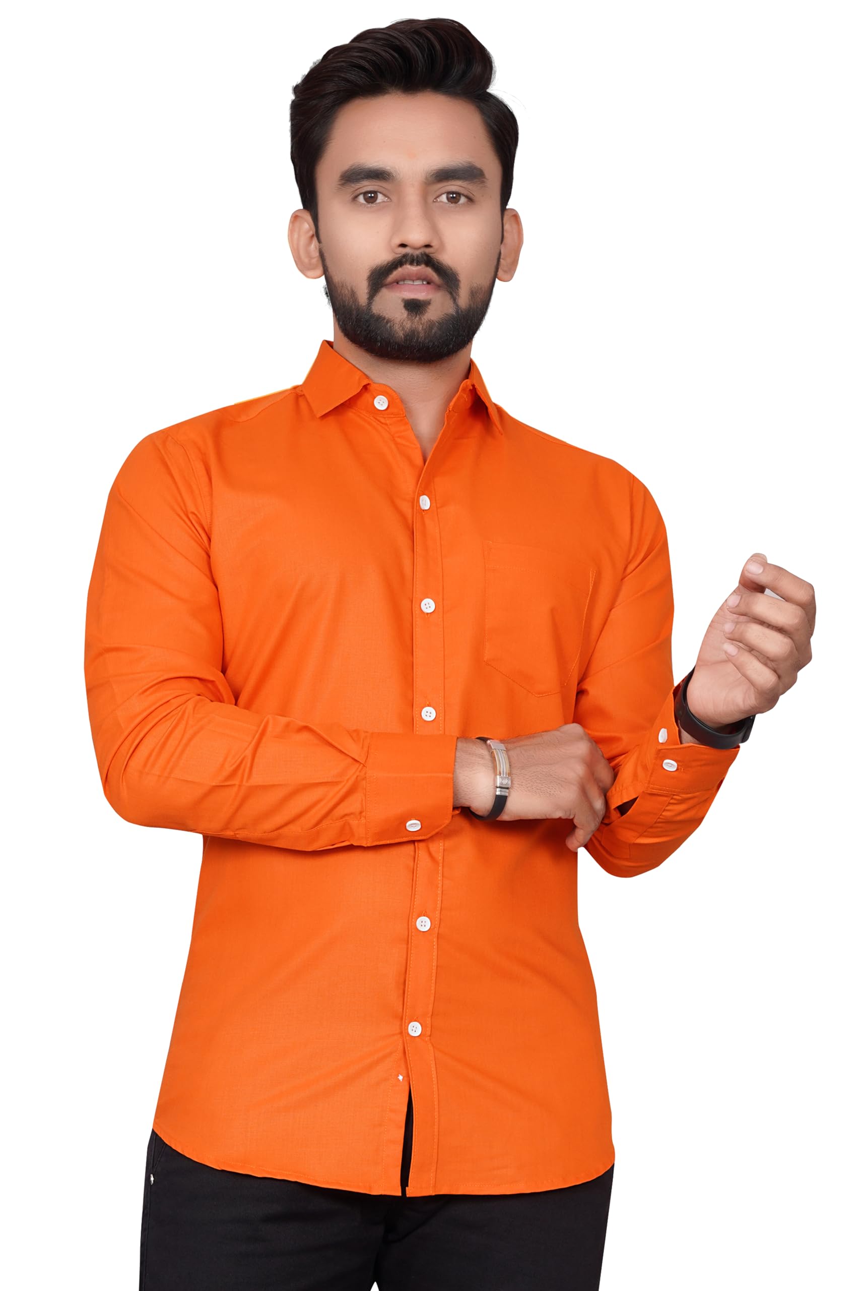 Men's Cotton Blend Solid Shirt with Spread Collared Full Sleeve Button Closure Curved Hem Straight Length and One Pocket-picture-45
