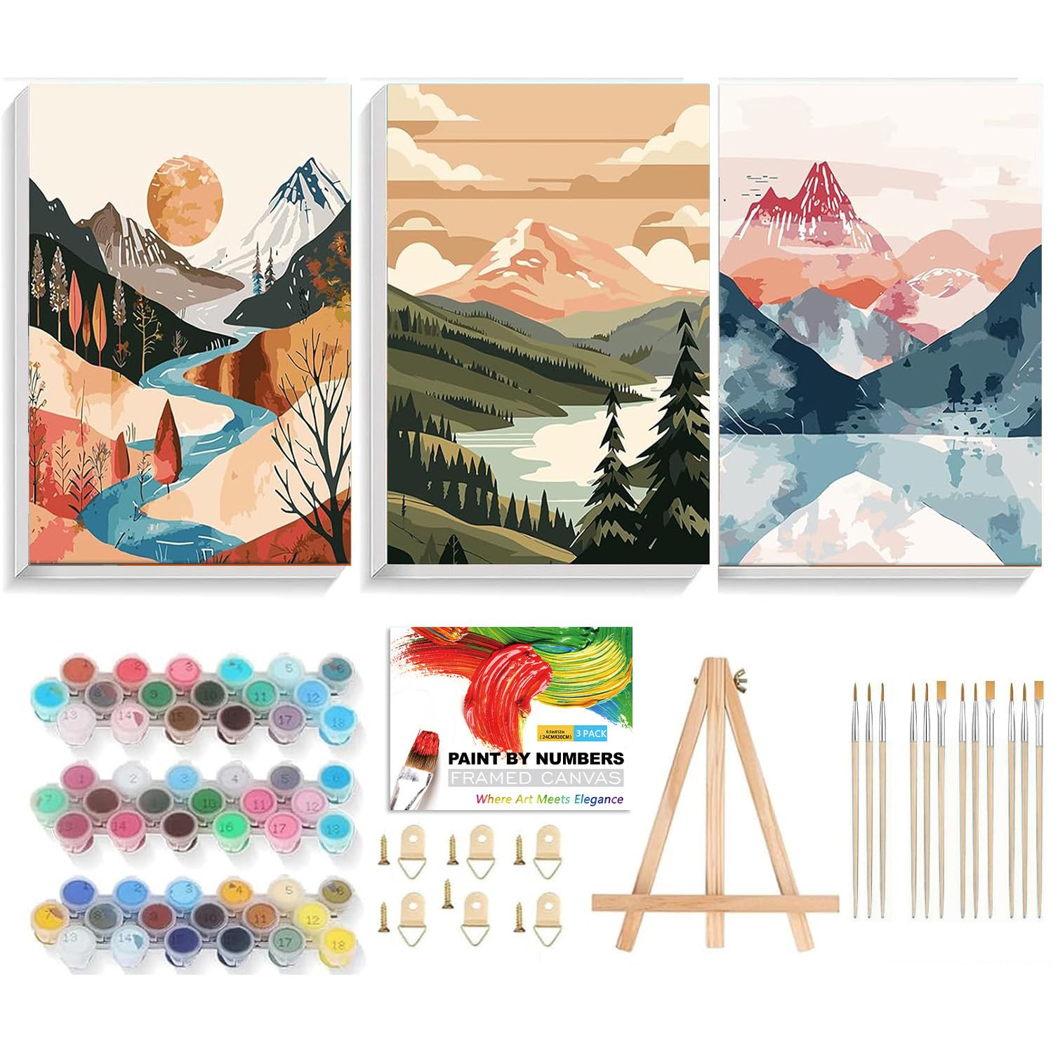 SUHEFAFA 3 Stück Malen Nach Zahlen Erwachsene- Malen nach Zahlen Landschaft Diy Set Erwachsene Mit Holzrahmen Holzstaffelei, Acrylfarbe Leinwand und 12 Pinsel Kit Geschenk Home Haus Deko(24×30cm)