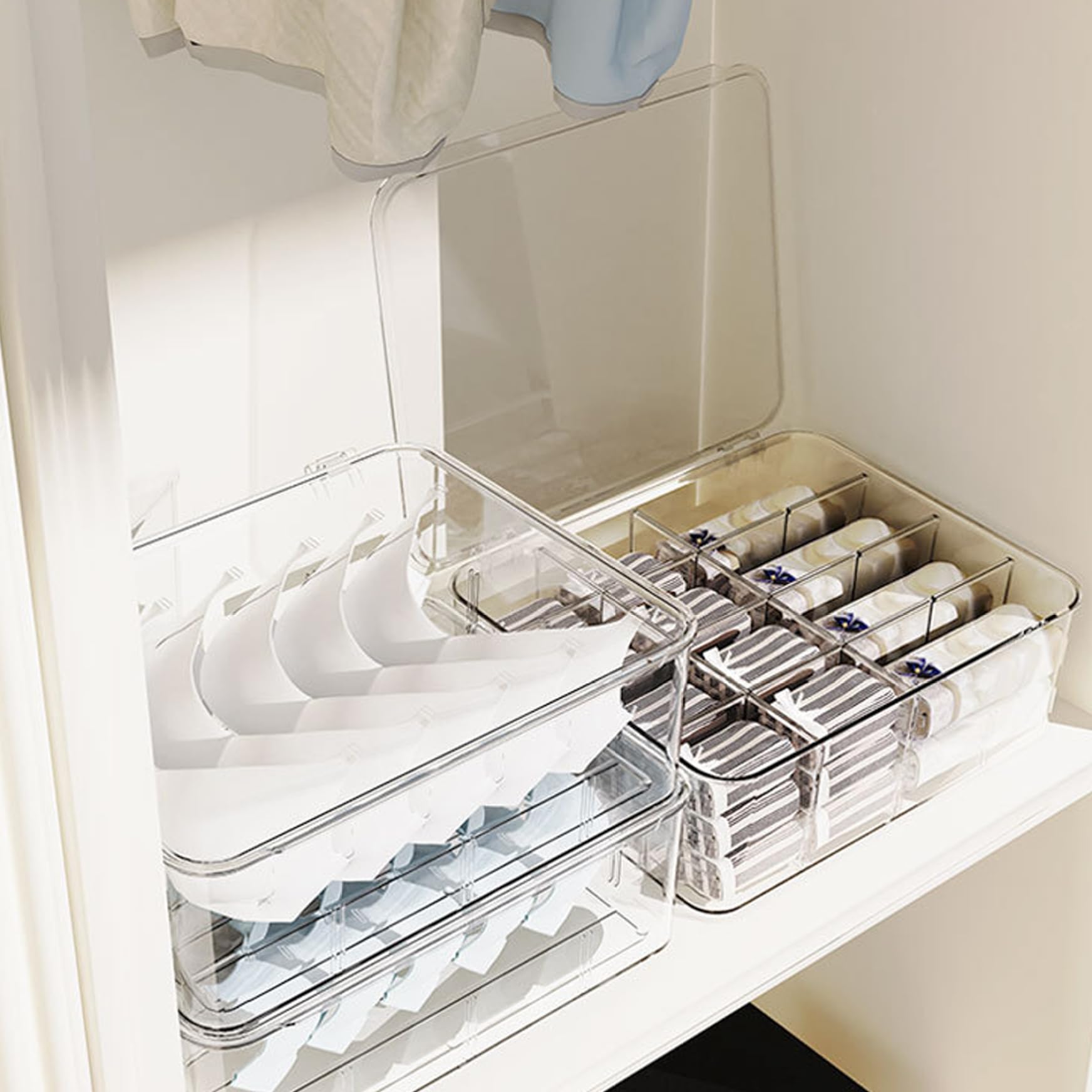 Organizador de ropa interior para cajón, organizador de ropa interior, 16 compartimentos, plástico transparente, 12 x 10 x 4 pulgadas, apilables, para sujetadores, calcetines, bufandas
