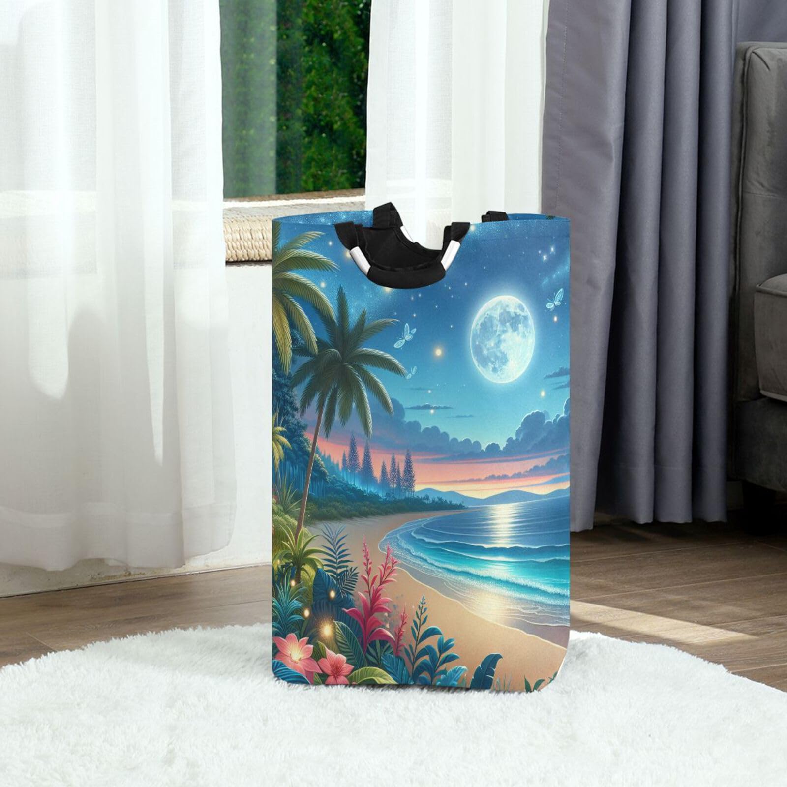 Jihqo Laundry Hamper Basket Tropical Beach Moonnight Collapsible Nursery Storage Bin Waterproof Clothing Baskets for Home Bedroom Bathroom Washing Room