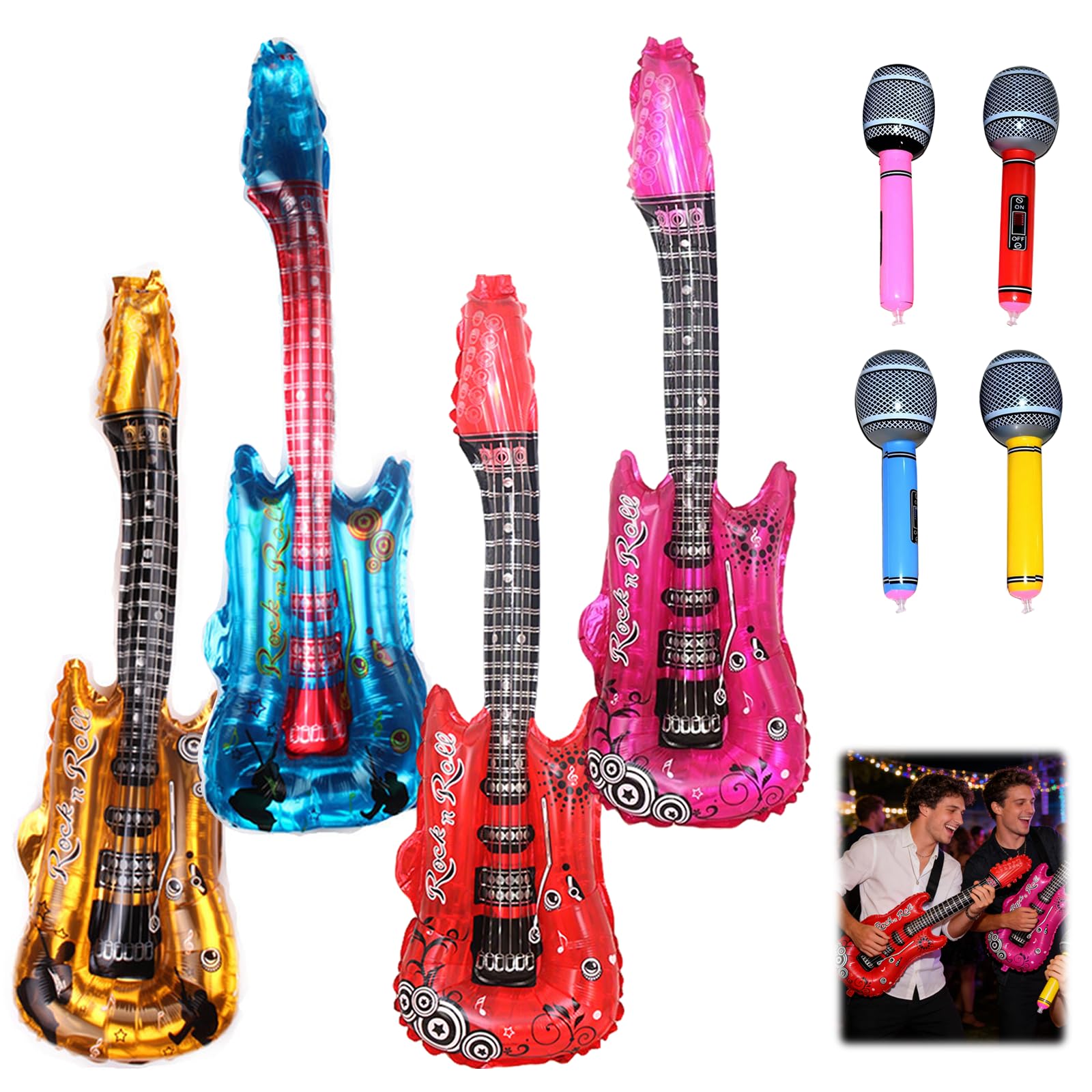Alwodici 8Pcs Inflatable Party Props Inflatable Guitar Blow Up Microphone Photo Booth Prop Party Decorations For 70s And 80s Disco Parties, Themed Parties, And Music Events