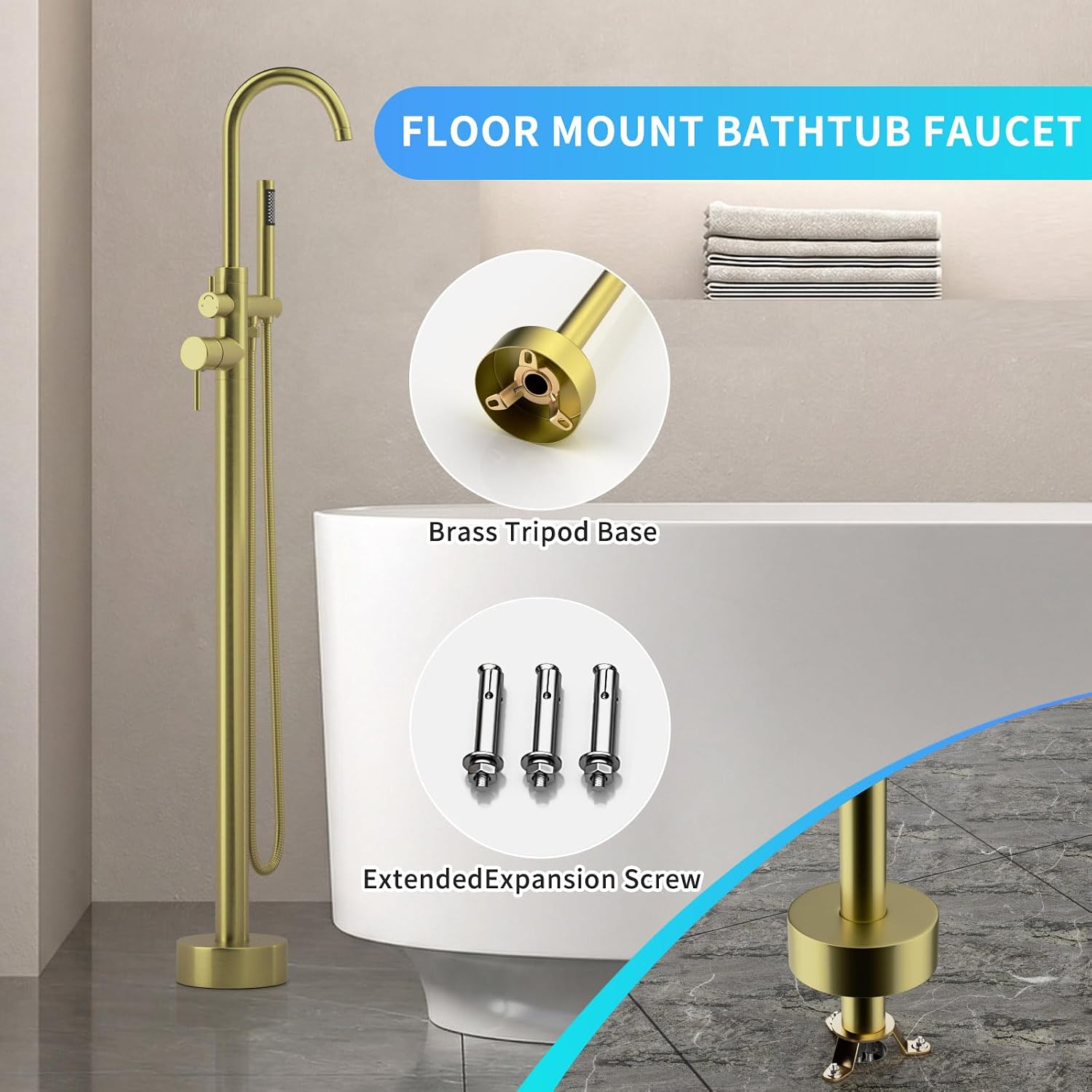 Freestanding Tub Filler Brushed Gold Floor Mount Bathtub Faucet Bathroom,Rough-in Valve 2 Function Handshower for Tub Rinsing Bathing,Anti-Wobble Base,Cylinder Handheld