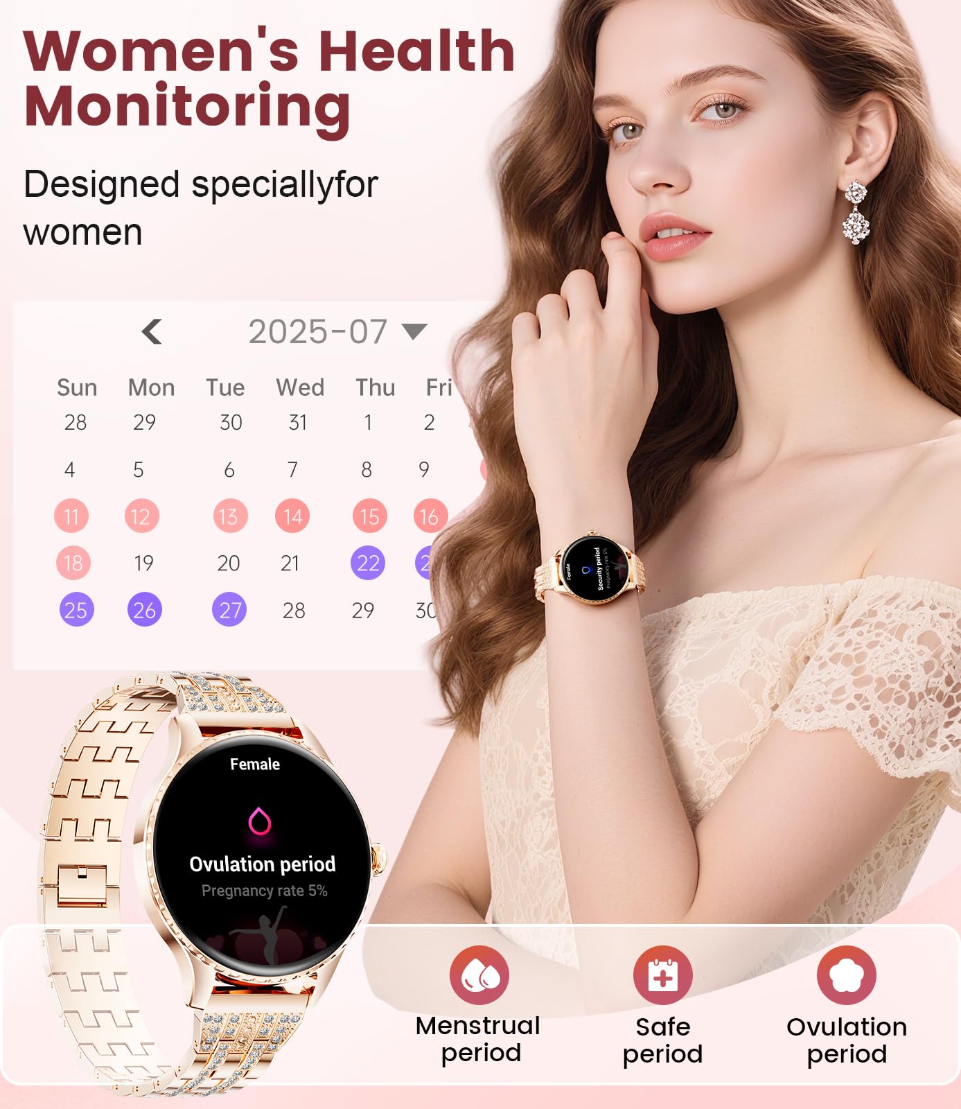Smartwatch Donna Rotondo,1.32"Amoled Display/Chiamate Bluetooth, Orologio Smartwatch con Fisiologia Femminile/Frequenza Cardiaca/Sonno, 110+ Modalità Sportive IP68 per iOS Android Oro Rosa