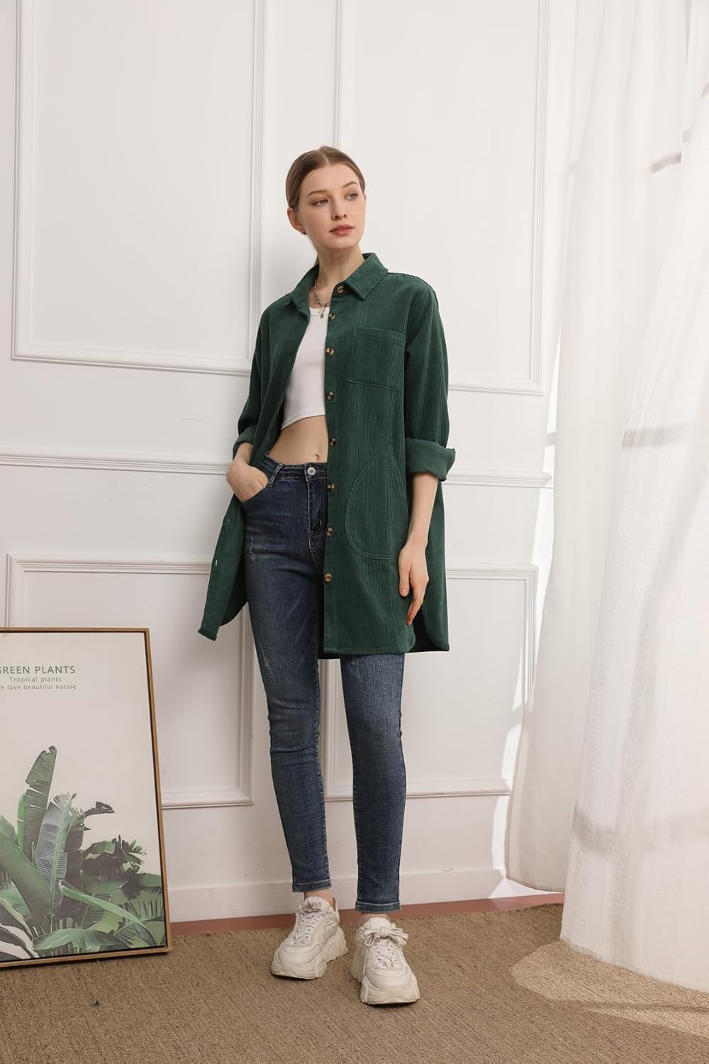 Minibee Women's Corduroy Shirt Coats Long Sleeve Button Down Blouses Tops with Pockets - Image 3