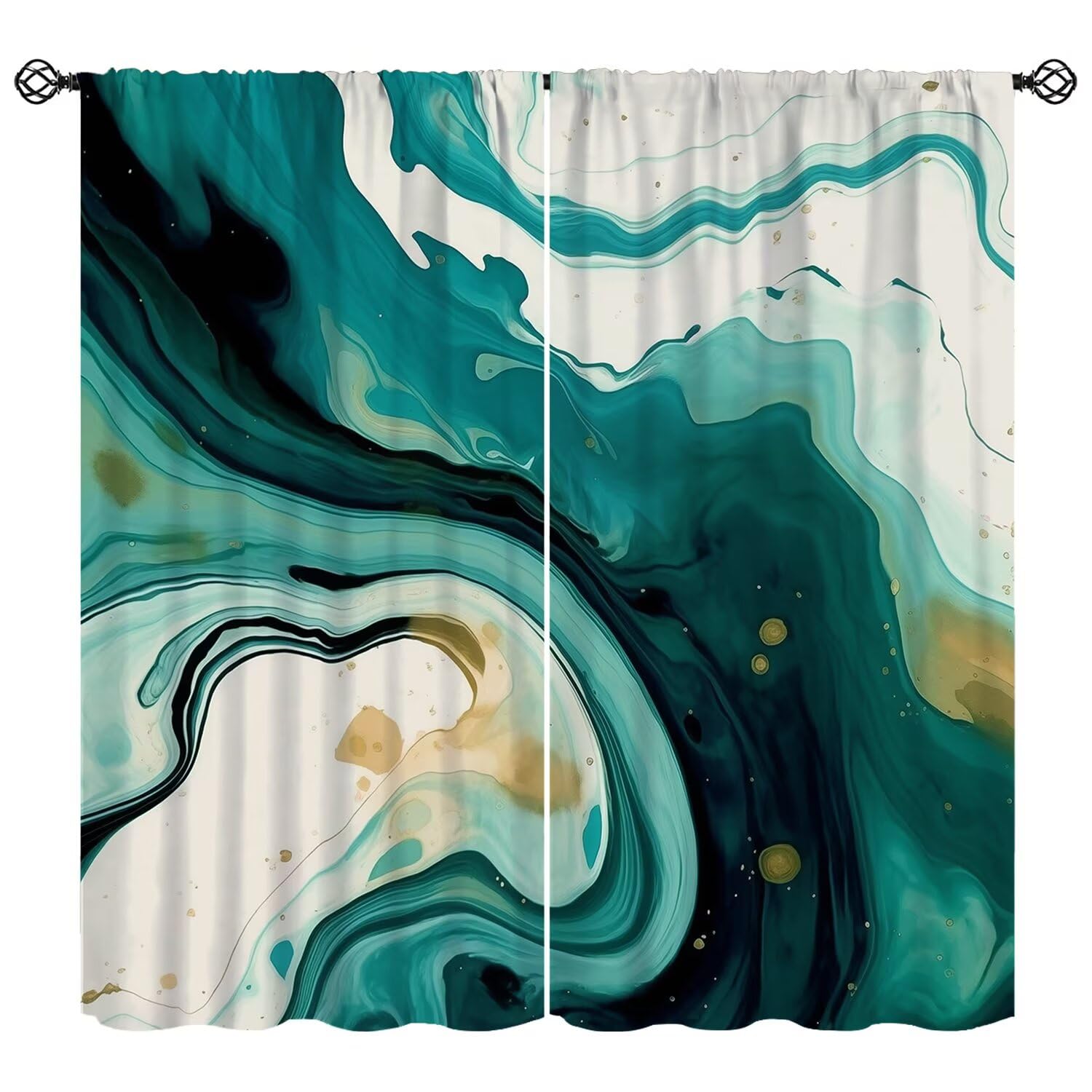 Green Curtains Abstract Modern Elegant Ink with Gold Foil Window Treatments Pastel Marble Ombre Texture Minimalist Window Drapes for Bedroom Living Room Kitchen W42xL45in