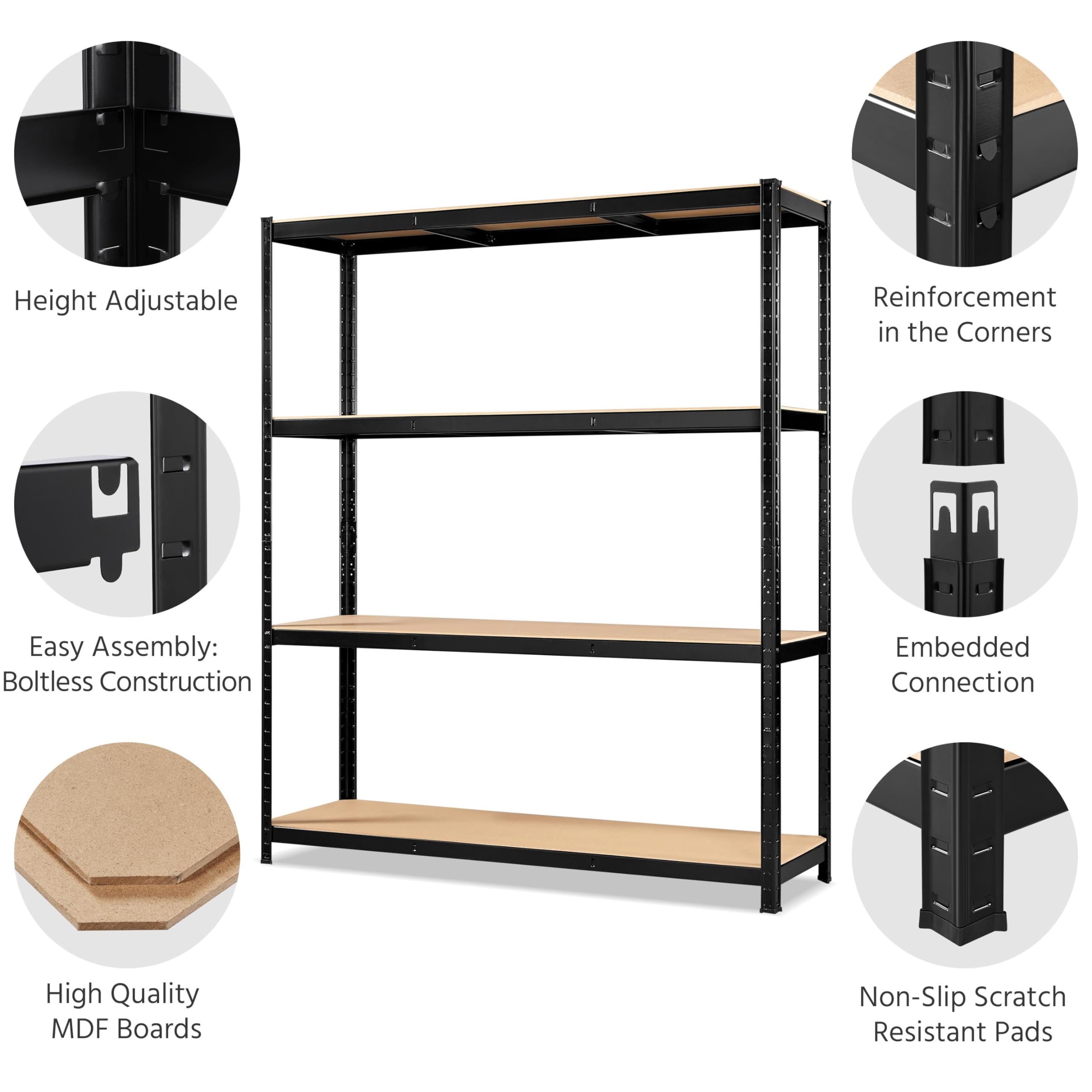 Yaheetech Étagères de Rangement 150 x 45 x 180 cm Charge Lourde Max 1024 kg Clipsable Résistant Étagères de Rangement Garage Cuisine Chambre Noir
