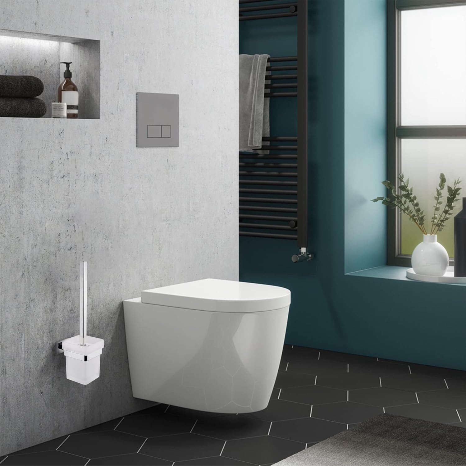 Klobürste Glas Eckig Toilettenbürste Chrom Wand, WC Garnitur Toilettenbürstenhalter Edelstahl Wandmontage mit Bohren Wandhalterung, die gebohrt Werden müssen