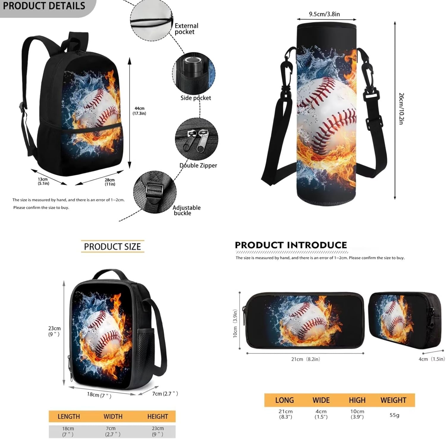 Renewold Backpack for Girls Boys Baseball Trendy Print Kids Bookbags Set Preschool Primary Middle Student Bookbag with Insulated Lunch Box Bag Pencil Case Water Bottle Bag 4pcs Set School Supplies