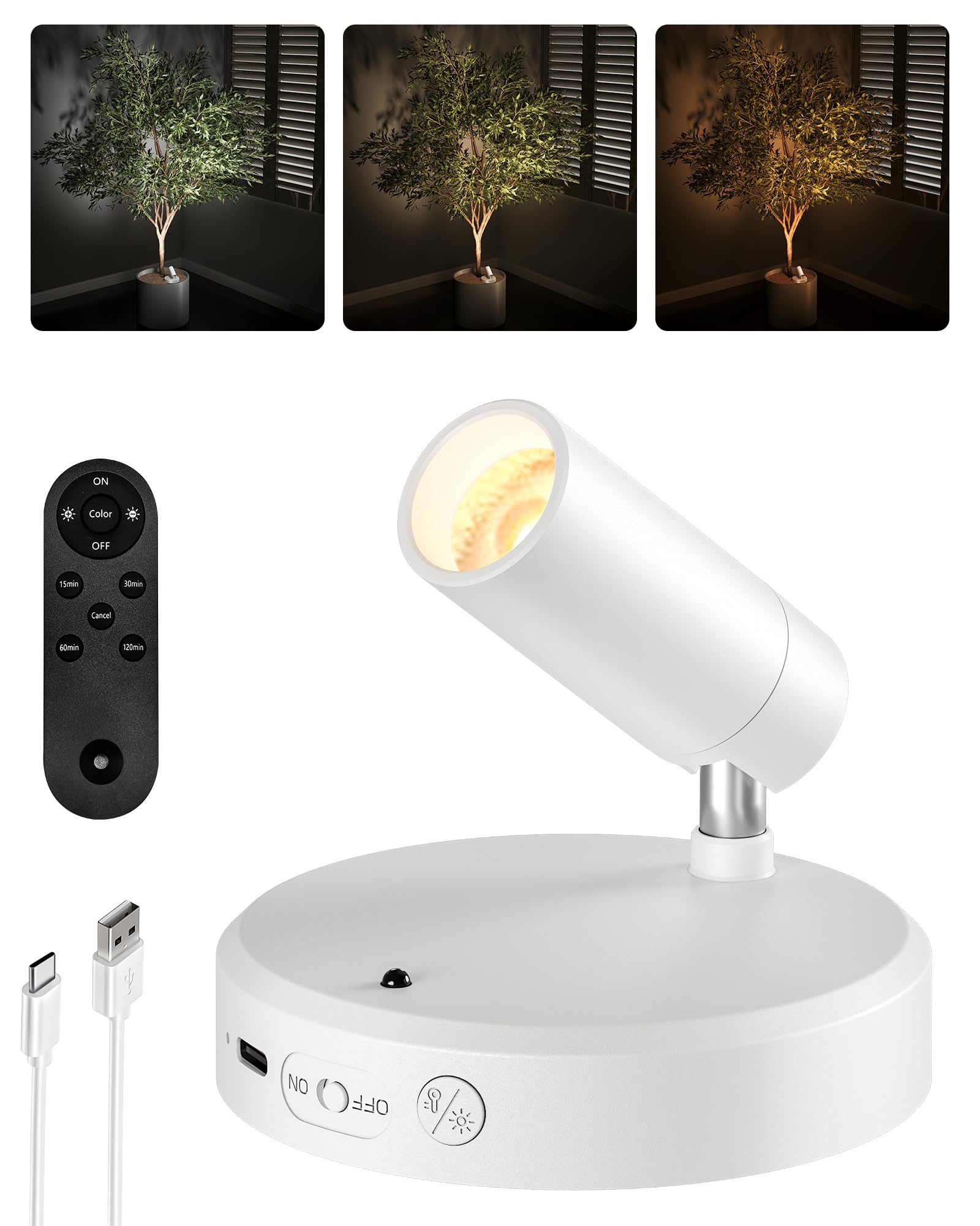 EZVALO Battery Powered LED Spotlight Indoor, Wireless Picture Lights with Remote,5500mAh Rechargeable Mini Display Light, Uplighting Indoor for Artwork Tree Painting Portrait (white-1Pack)