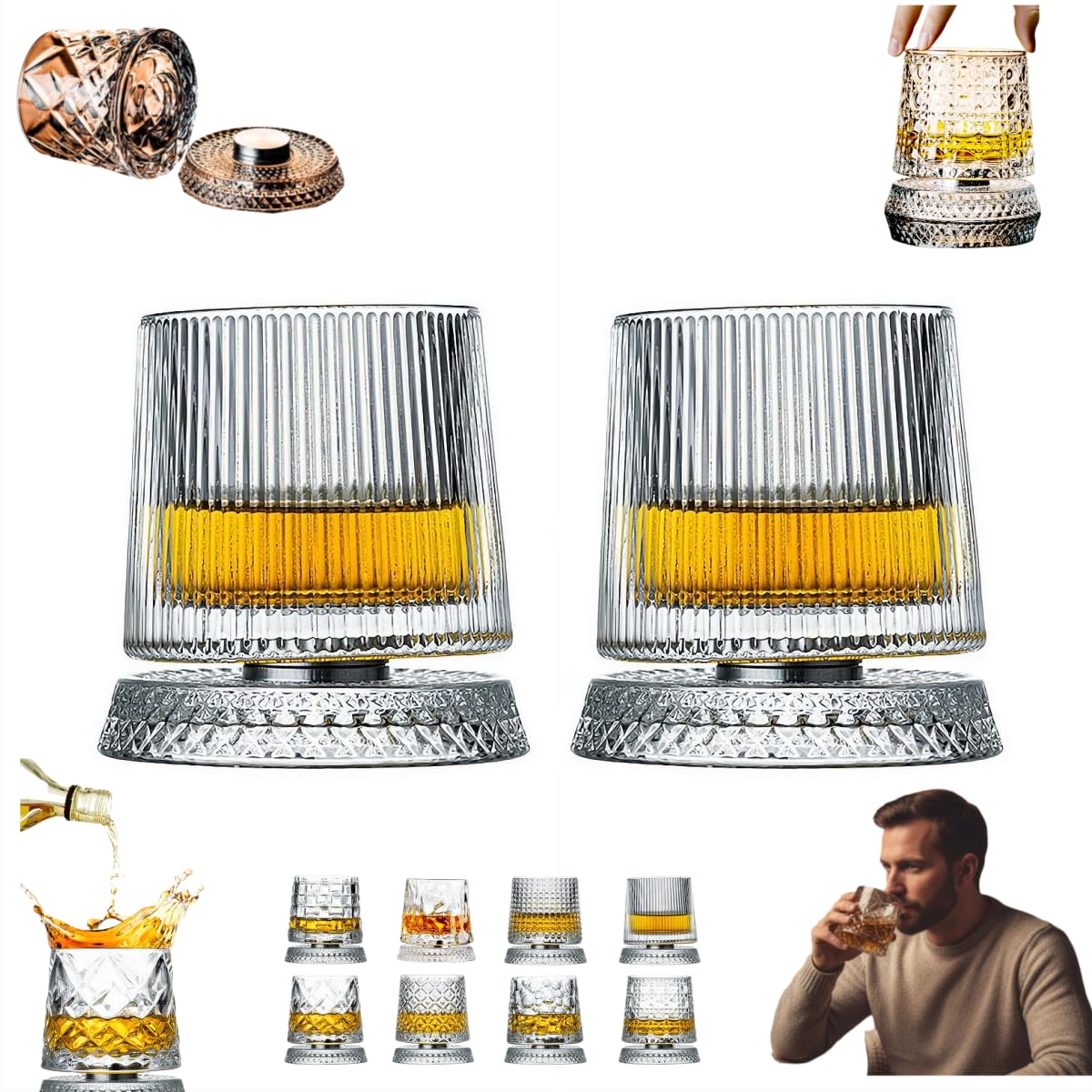360 Degree Rotating Whiskey Glass, 2 Pack Rotating Crystal Whiskeys Tumbler Glass, Spinning Cocktail Glasses with Stable Decoupled Base, Unique Whiskey Gifts for Men Husband Father (Clear B)