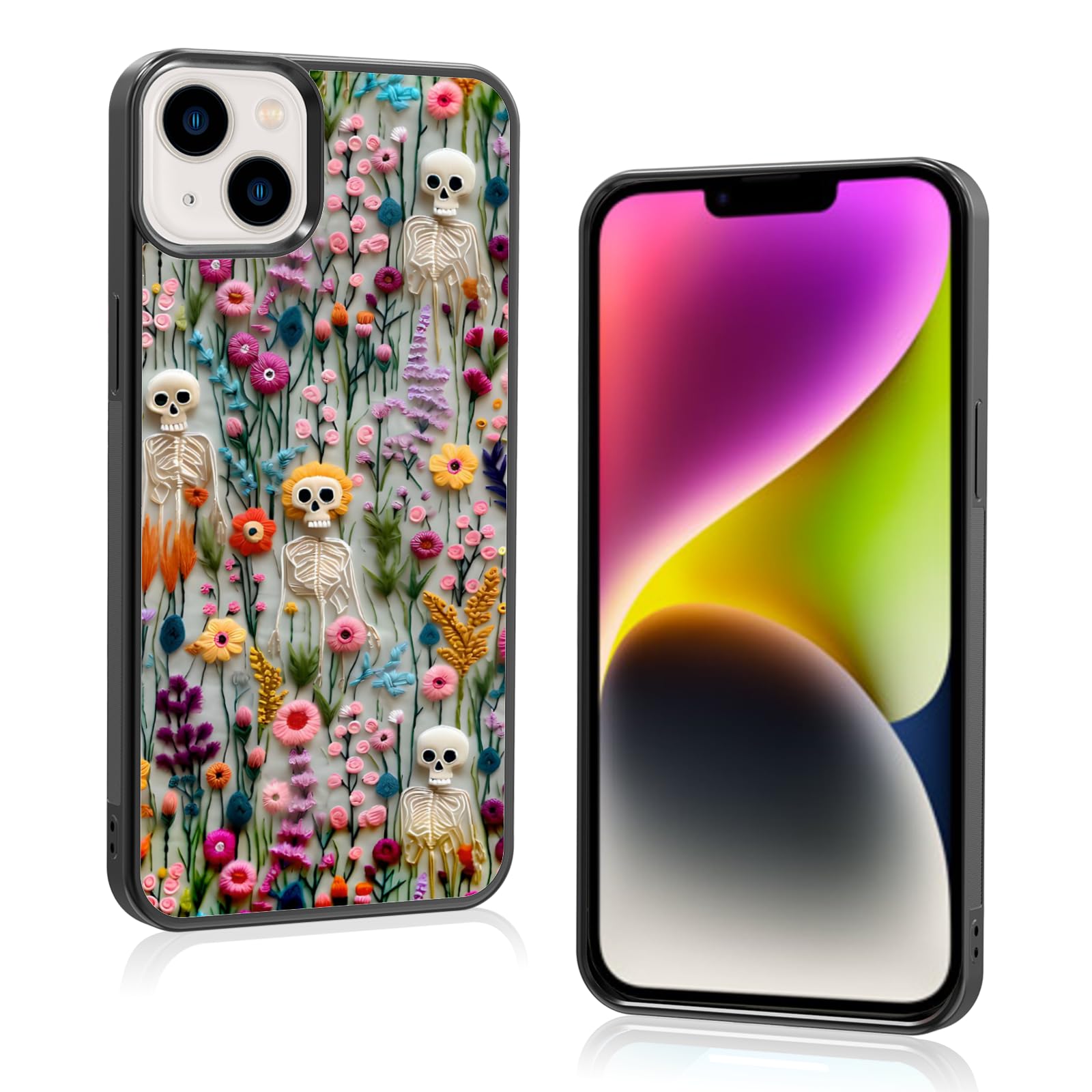 JKLASD Halloween Skeleton Phone Case Compatible with iPhone 14 Plus,Spooky Skulls in Wild Flowers Halloween Cases for Women Men