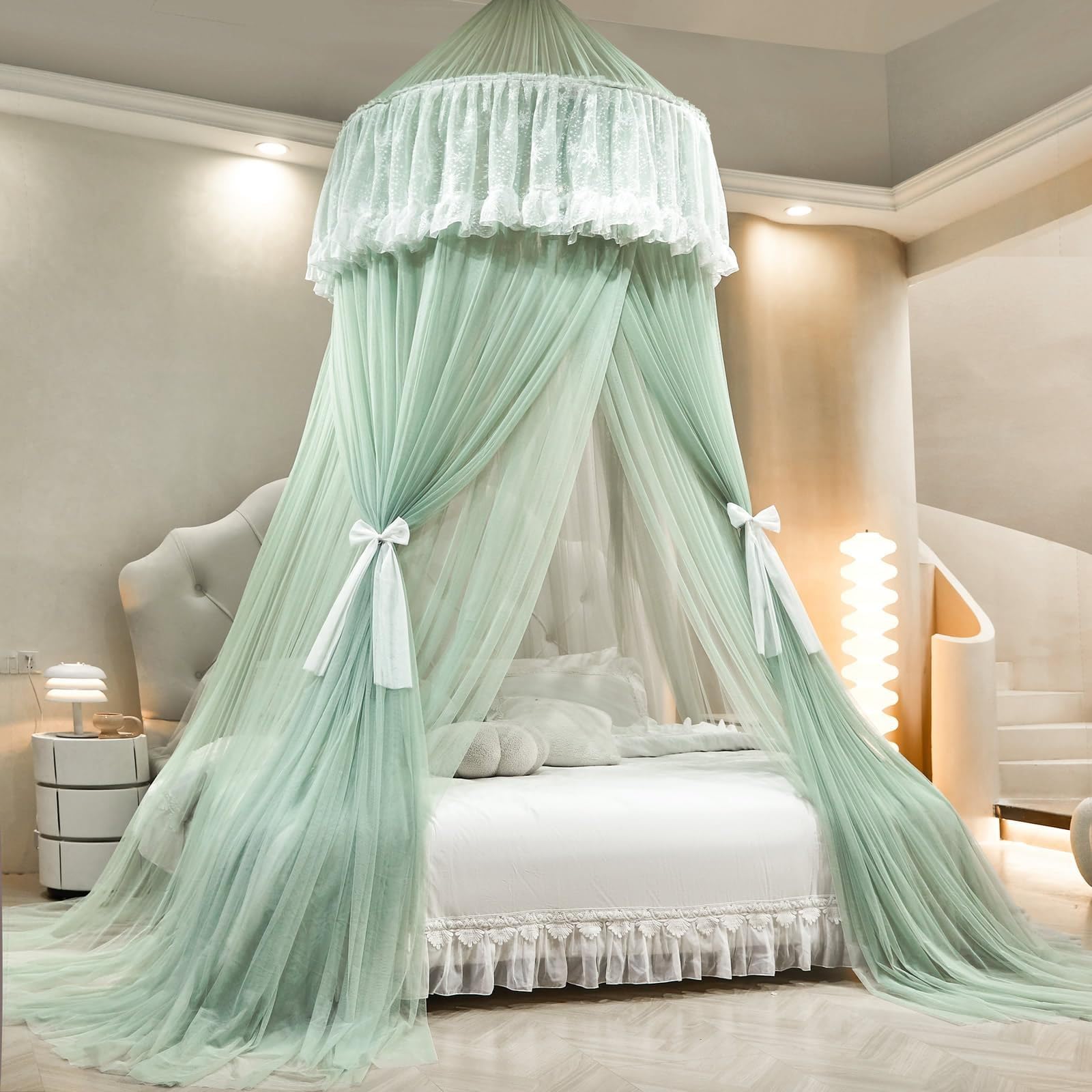 SDCGB Bed Canopy Princess for Girls, Double Layer Dreamy Sheer Mesh Dome Bed Curtain, Round Lace Princess Mosquito Net for Twin Full Queen King Bed, Green