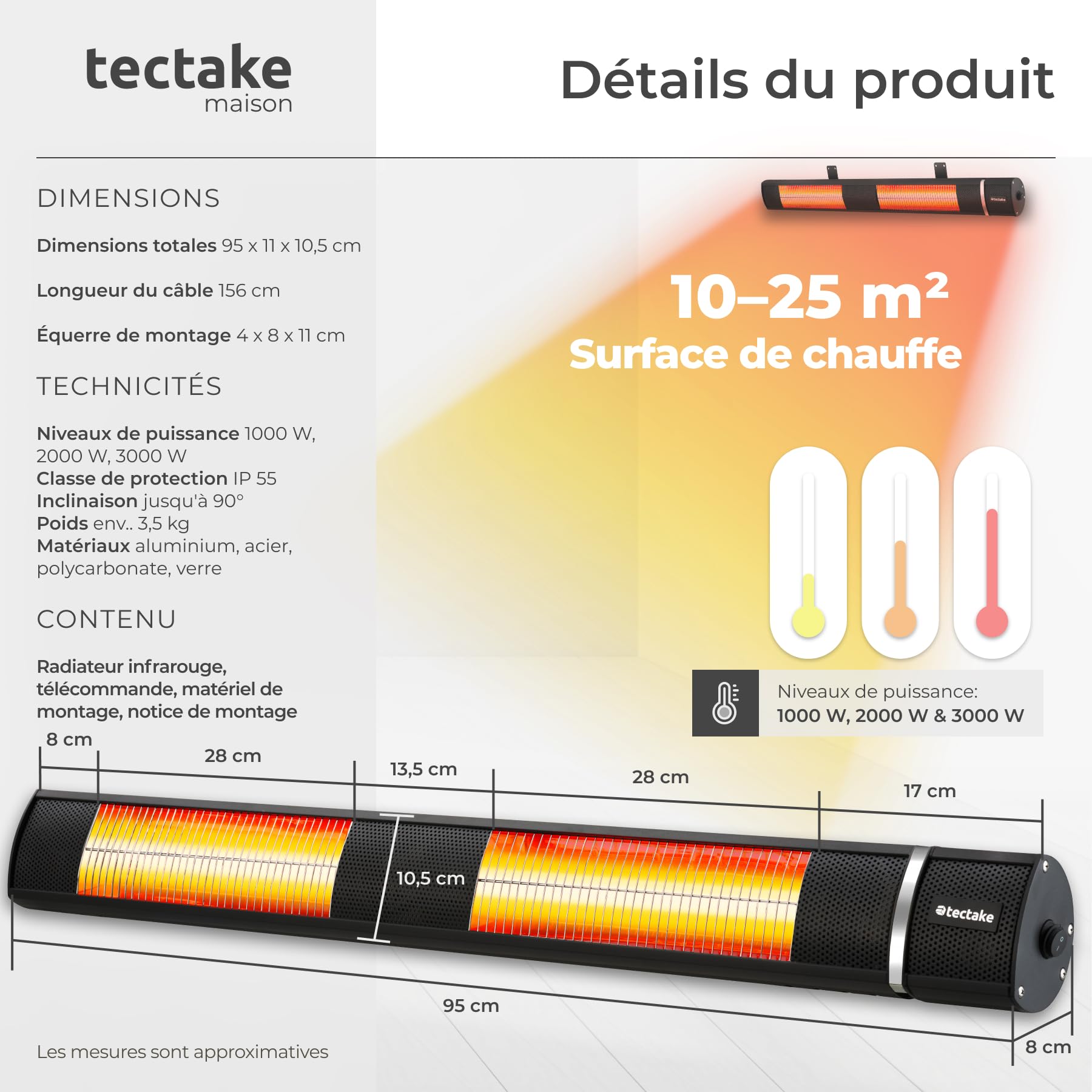 tectake® Chauffage Electrique Infrarouge Silencieux Chauffage exterieur terrasse réglable économique 1000W, 2000W & 3000W Chauffages d'appoint pour Jardin, Balcon, Salon, Restaurant, Jardin d'hiver